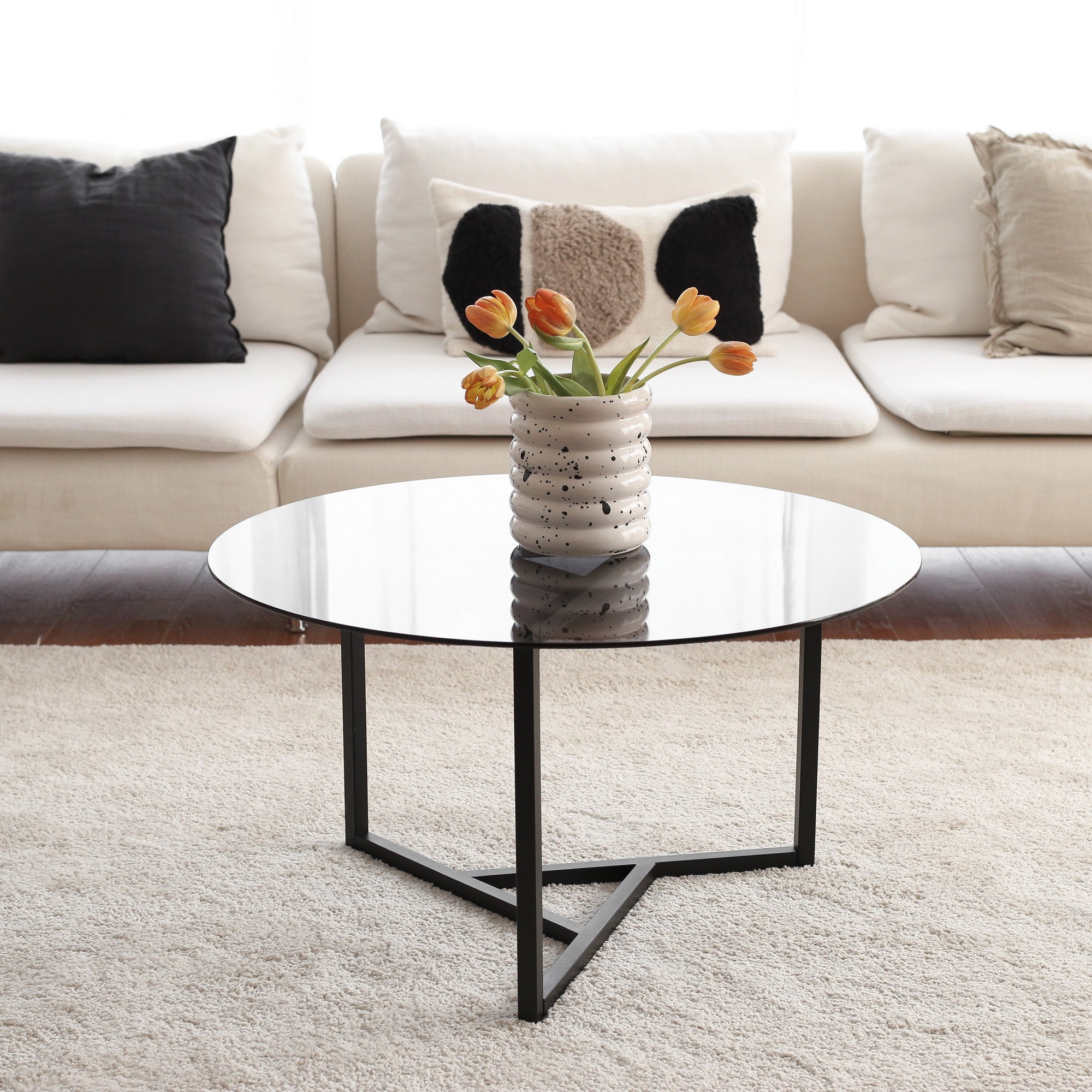Mesa de Centro Industrial Moderna, 75 cm x 42 cm x 75 cm | Estrutura 100% Metal e Vidro Temperado de 6 mm | Acabamento Fumê e Preto, Design Elegante e Durável