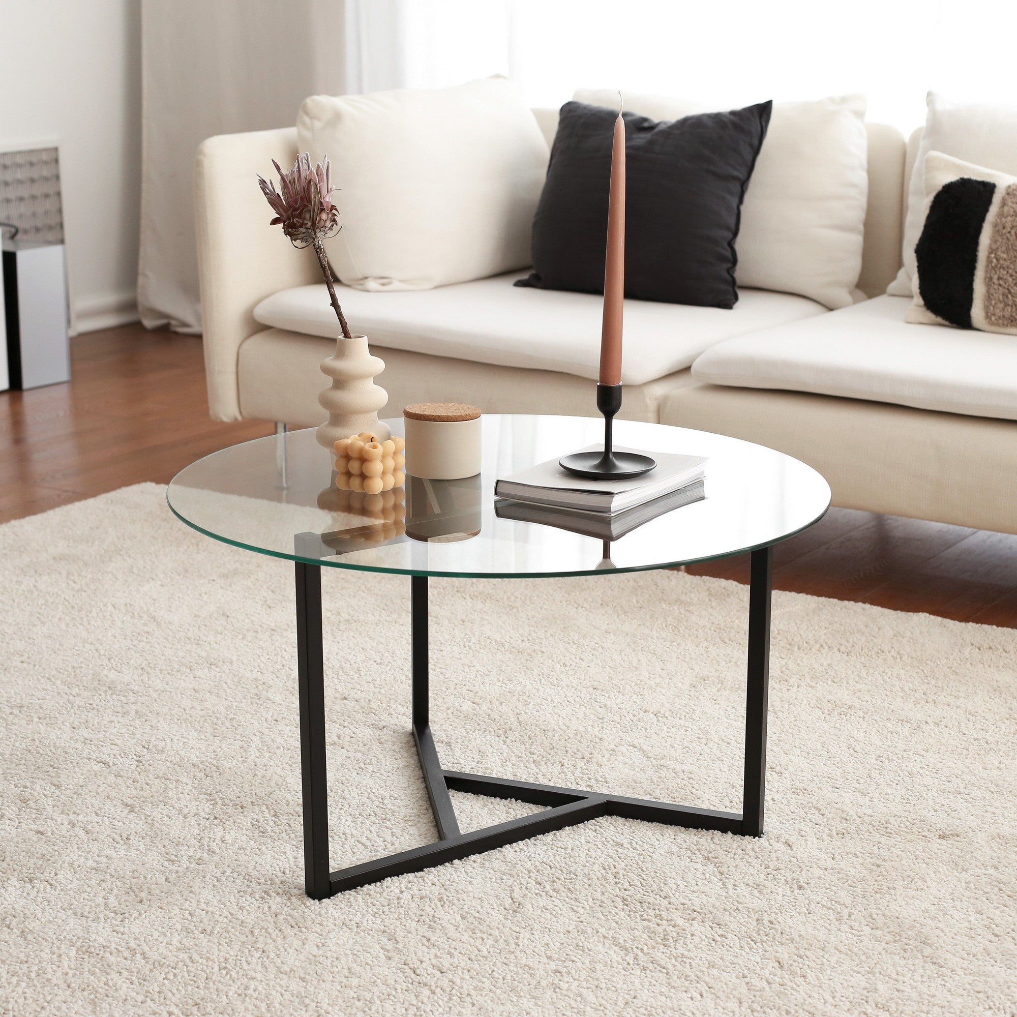 Mesa de Centro Moderna, 75 cm x 42 cm x 75 cm | Estrutura 100% Metal e Vidro Temperado de 6 mm | Design Elegante Transparente e Preto para Espaços Industriais