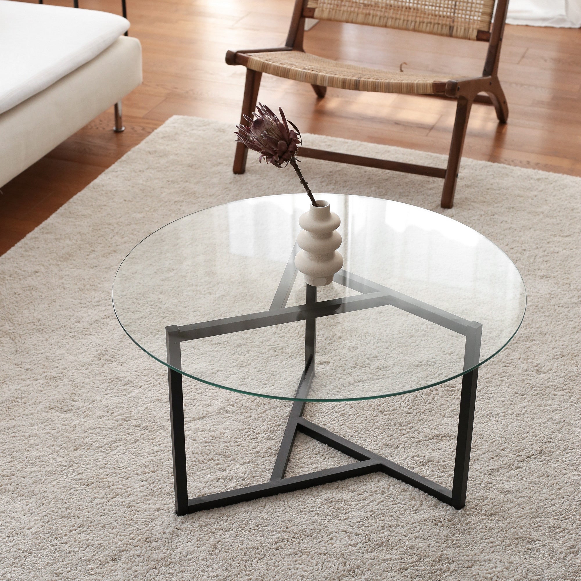Mesa de Centro Moderna, 75 cm x 42 cm x 75 cm | Estrutura 100% Metal e Vidro Temperado de 6 mm | Design Elegante Transparente e Preto para Espaços Industriais