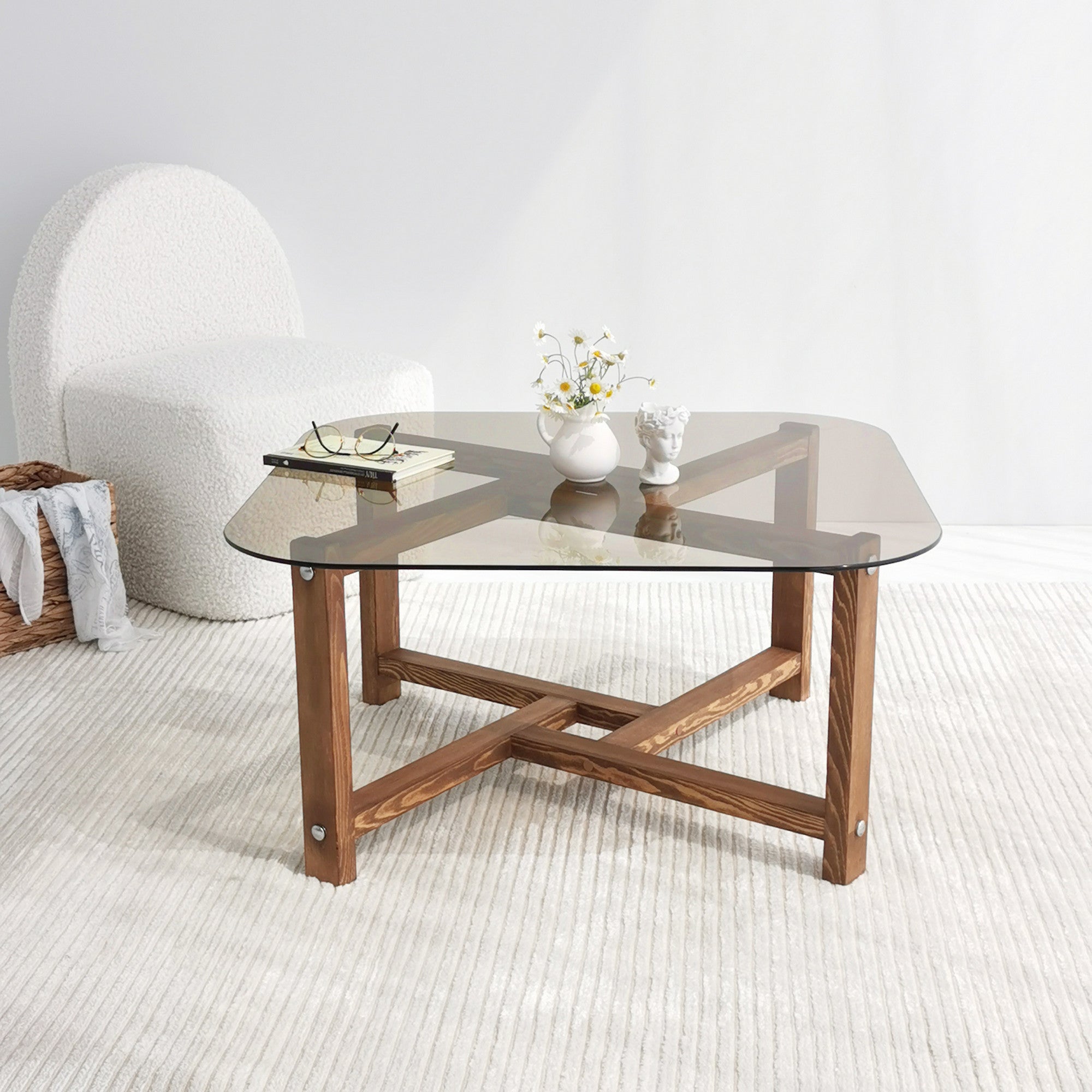 Mesa de Centro Moderna, Cor Carvalho, 80 x 40 x 80 cm | Tampo 100% Vidro Temperado, 6 mm | Estrutura em Madeira Maciça de Pinho | Elegante para Casas Rústicas e Tradicionais