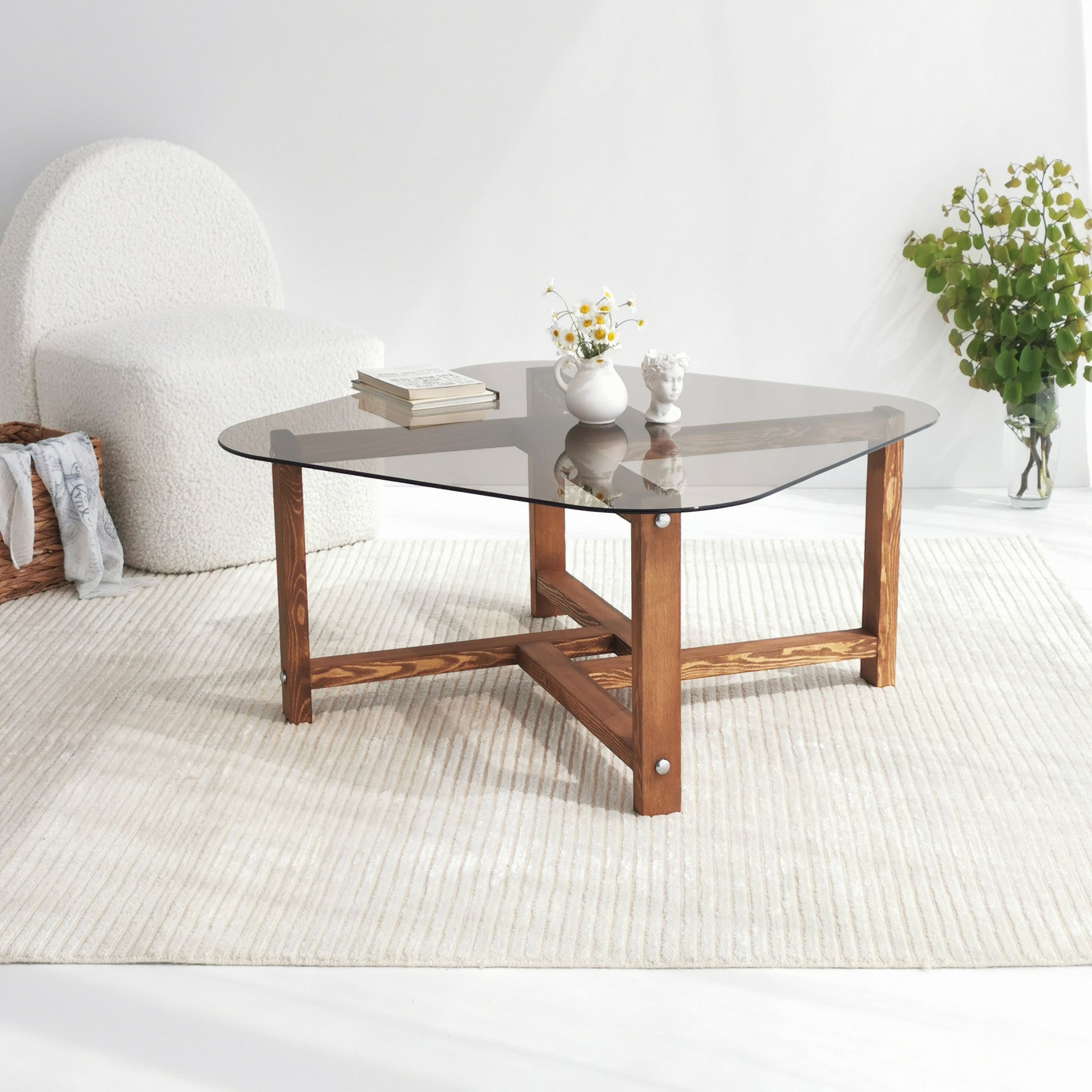 Mesa de Centro Moderna, Cor Carvalho, 80 x 40 x 80 cm | Tampo 100% Vidro Temperado, 6 mm | Estrutura em Madeira Maciça de Pinho | Elegante para Casas Rústicas e Tradicionais