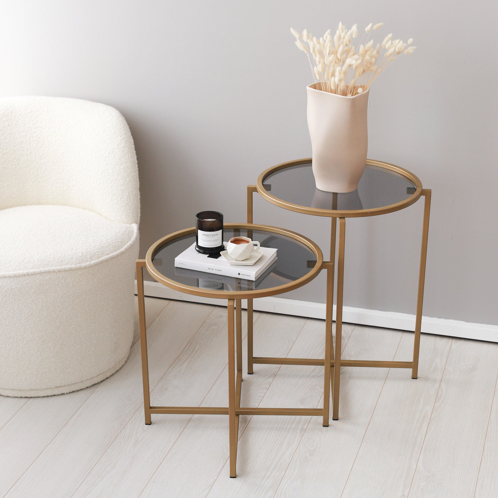 Mesa de Centro Moderna, Dourado e Fumê, 50 x 60 x 50 cm | 100% Vidro Temperado, 4 mm | Estrutura de Metal Resistente com Revestimento Eletrostático a Pó | Design Glamouroso