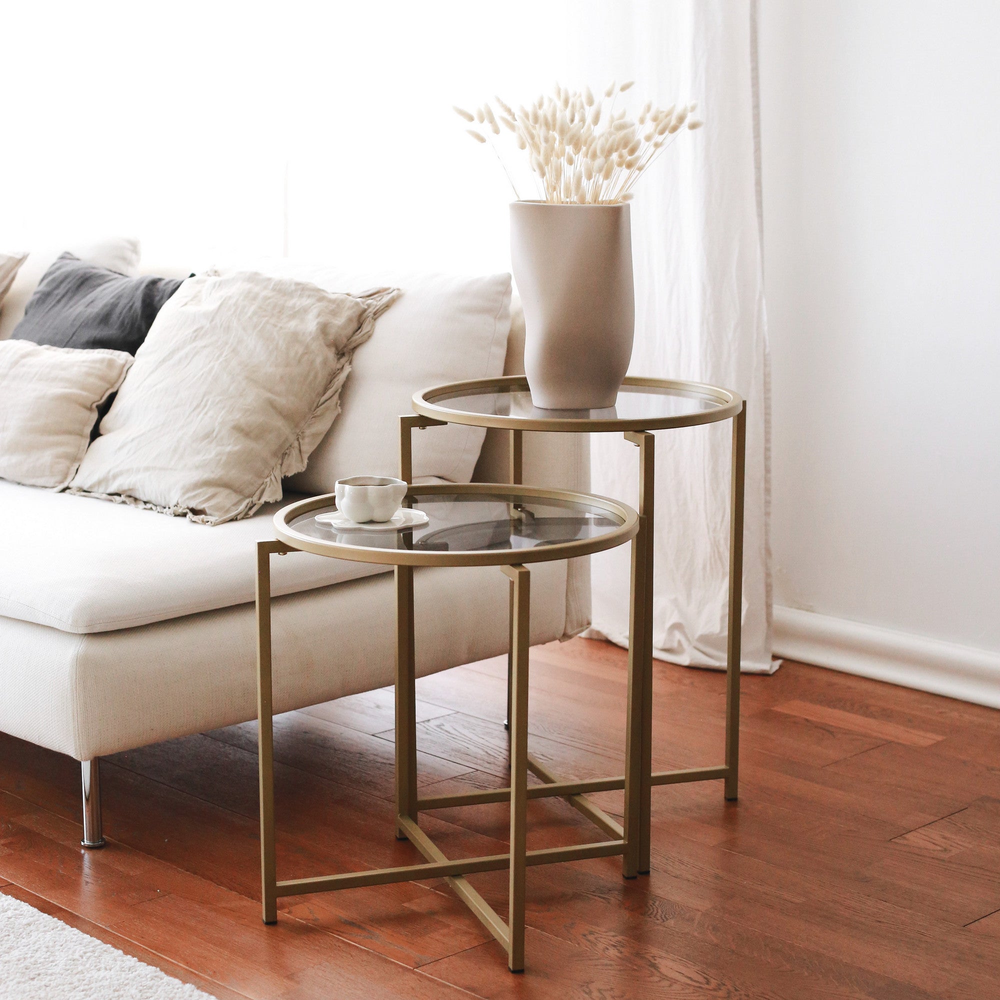 Mesa de Centro Moderna, Dourado e Fumê, 50 x 60 x 50 cm | 100% Vidro Temperado, 4 mm | Estrutura de Metal Resistente com Revestimento Eletrostático a Pó | Design Glamouroso