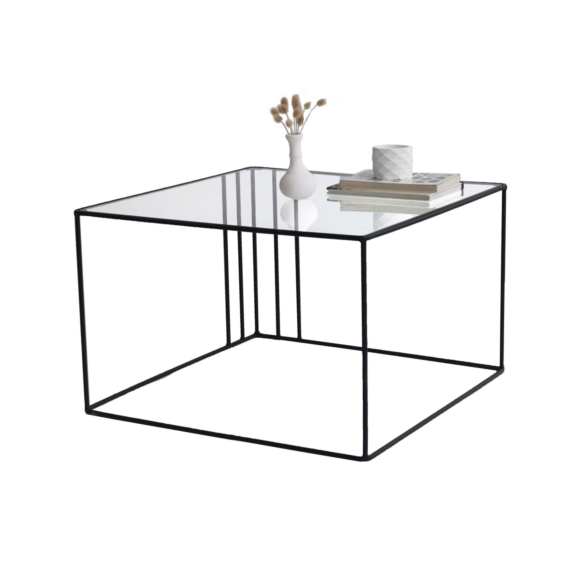 Mesa de Centro Preta Moderna, 55 x 36 x 55 cm | Tampo 100% Vidro Temperado, 4 mm | Estrutura de Metal Resistente com Revestimento Eletrostático a Pó | Montado e Elegante