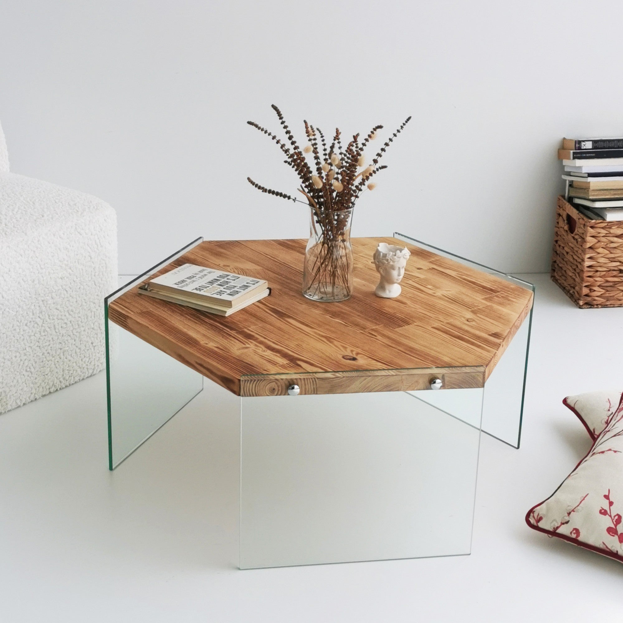 Mesa de Centro Moderna, Cor Carvalho, 80 x 35 x 70 cm | 100% Madeira Maciça de Pinho, 8 mm de Espessura, Pés de Vidro Temperado | Design Escandinavo Ecológico, Montagem Necessária