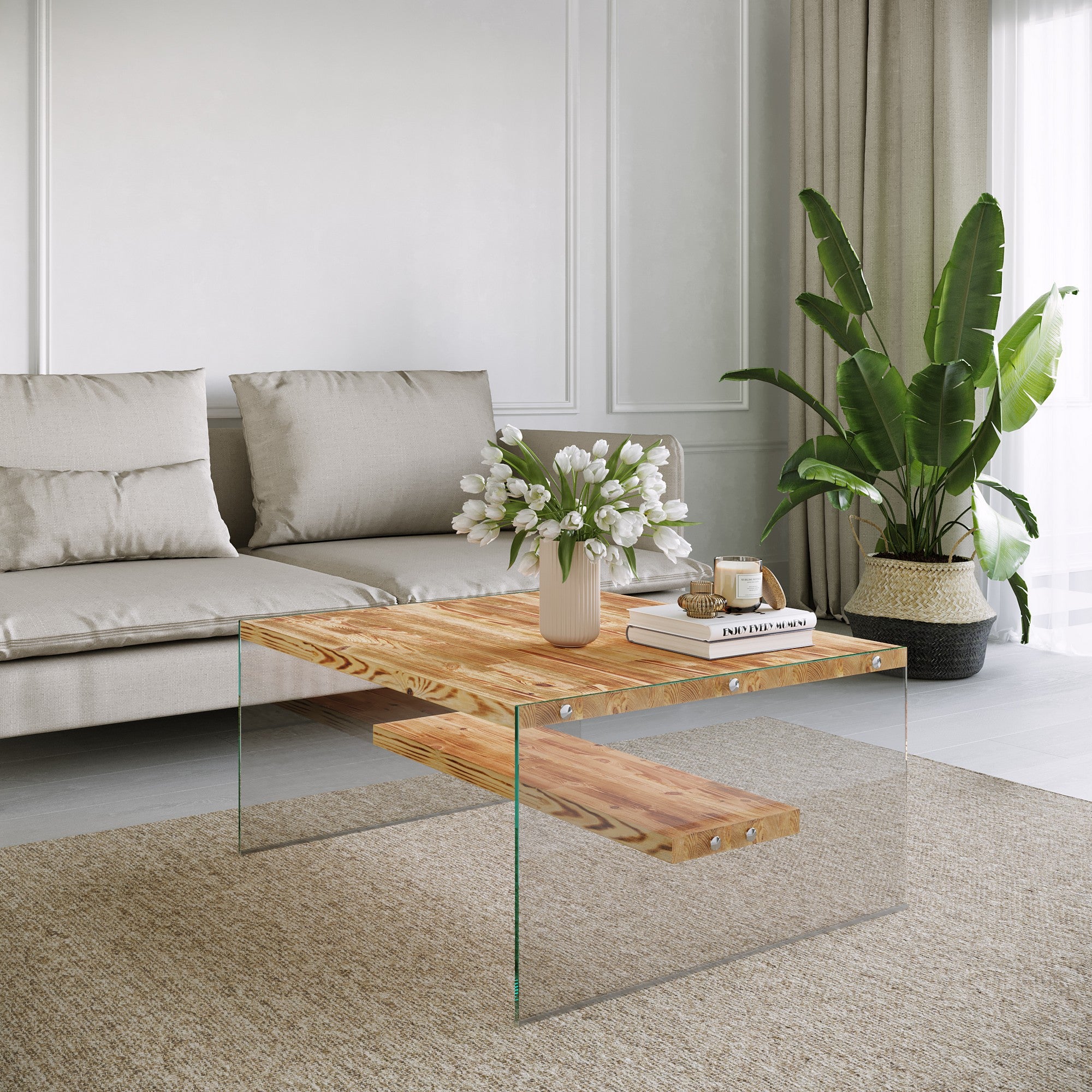 Mesa de Centro Moderna, Acabamento em Carvalho, 75 x 40 x 75 cm | 100% Madeira Maciça de Pinho e Pés de Vidro Temperado | Design Ecológico e Elegante para Casas Escandinavas e de Campo