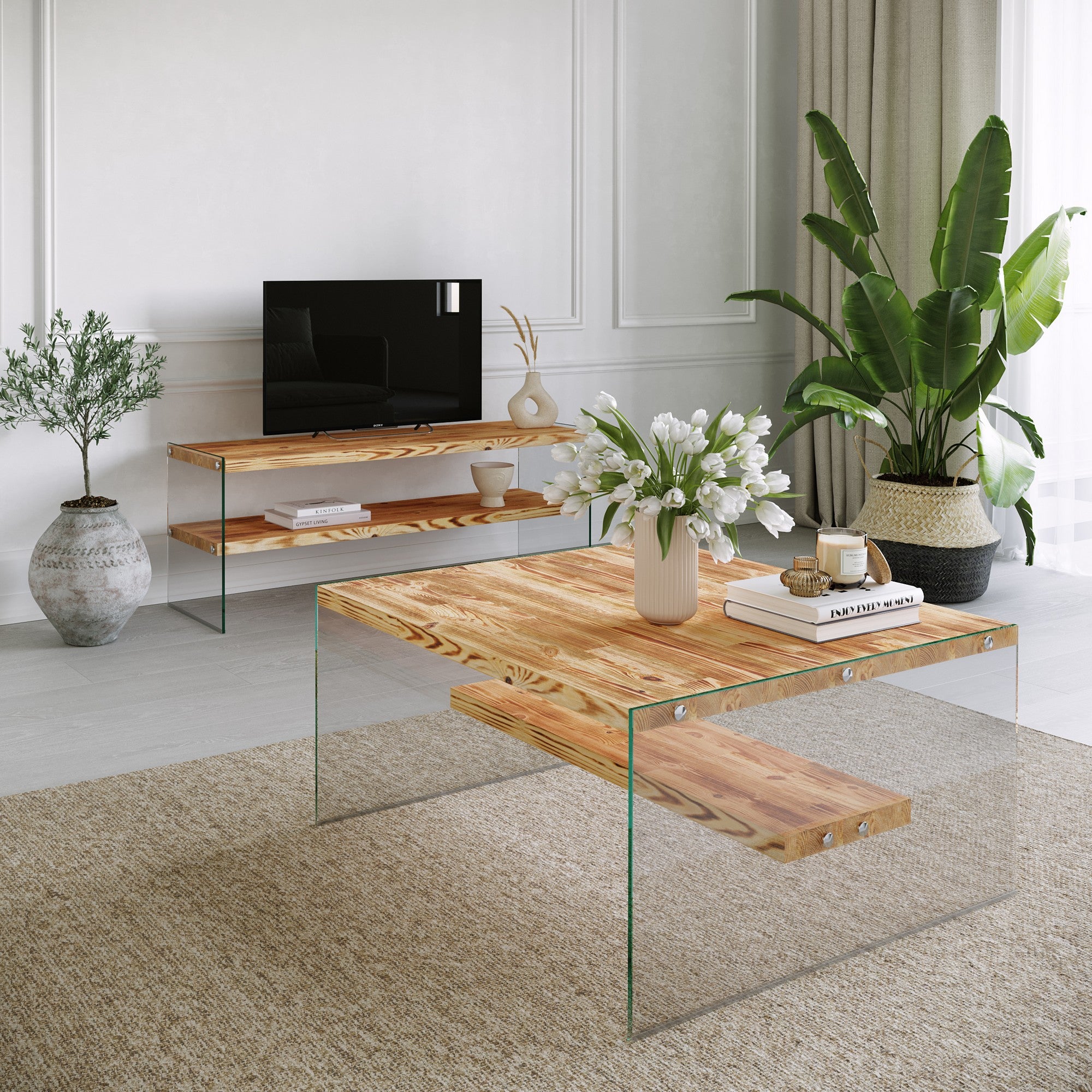 Mesa de Centro Moderna, Acabamento em Carvalho, 75 x 40 x 75 cm | 100% Madeira Maciça de Pinho e Pés de Vidro Temperado | Design Ecológico e Elegante para Casas Escandinavas e de Campo