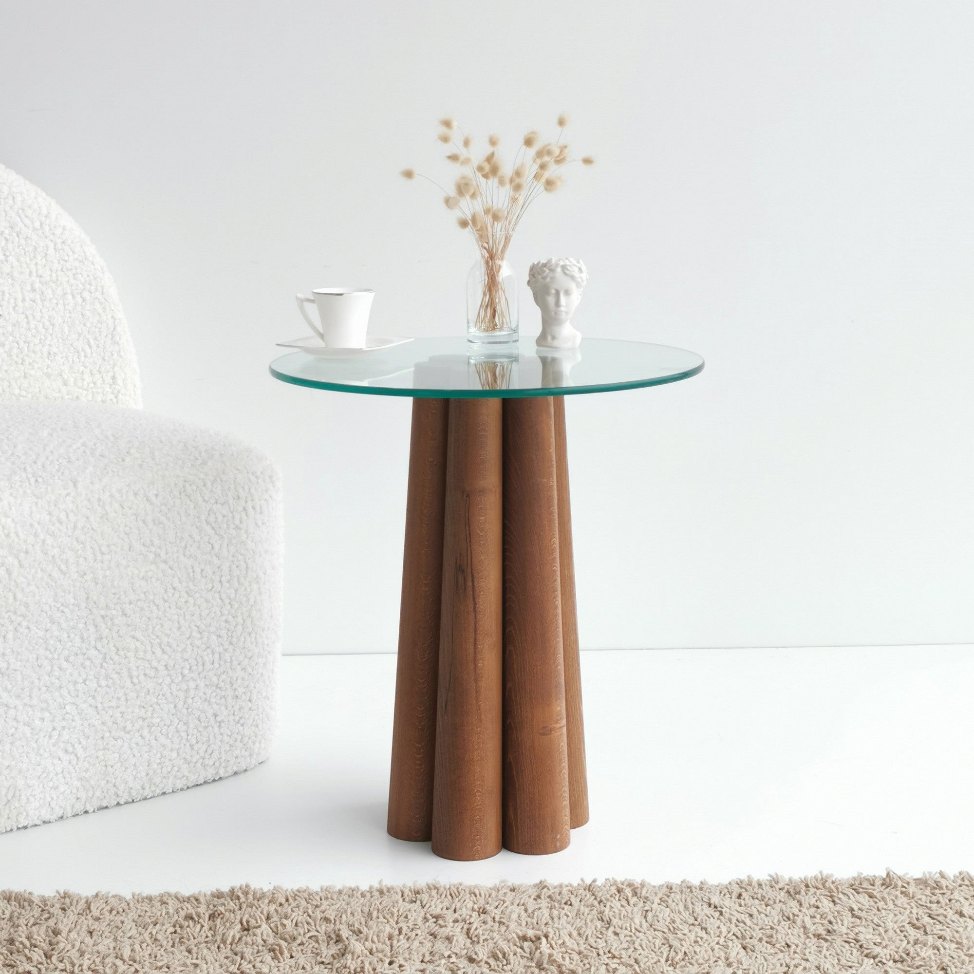 Mesa de Centro Moderna, Cor Nogueira, 45 x 50 x 50 cm | 100% Madeira Maciça de Pinho e Estrutura de Vidro Temperado, 8 mm de Espessura | Design Rústico Escandinavo, Montada