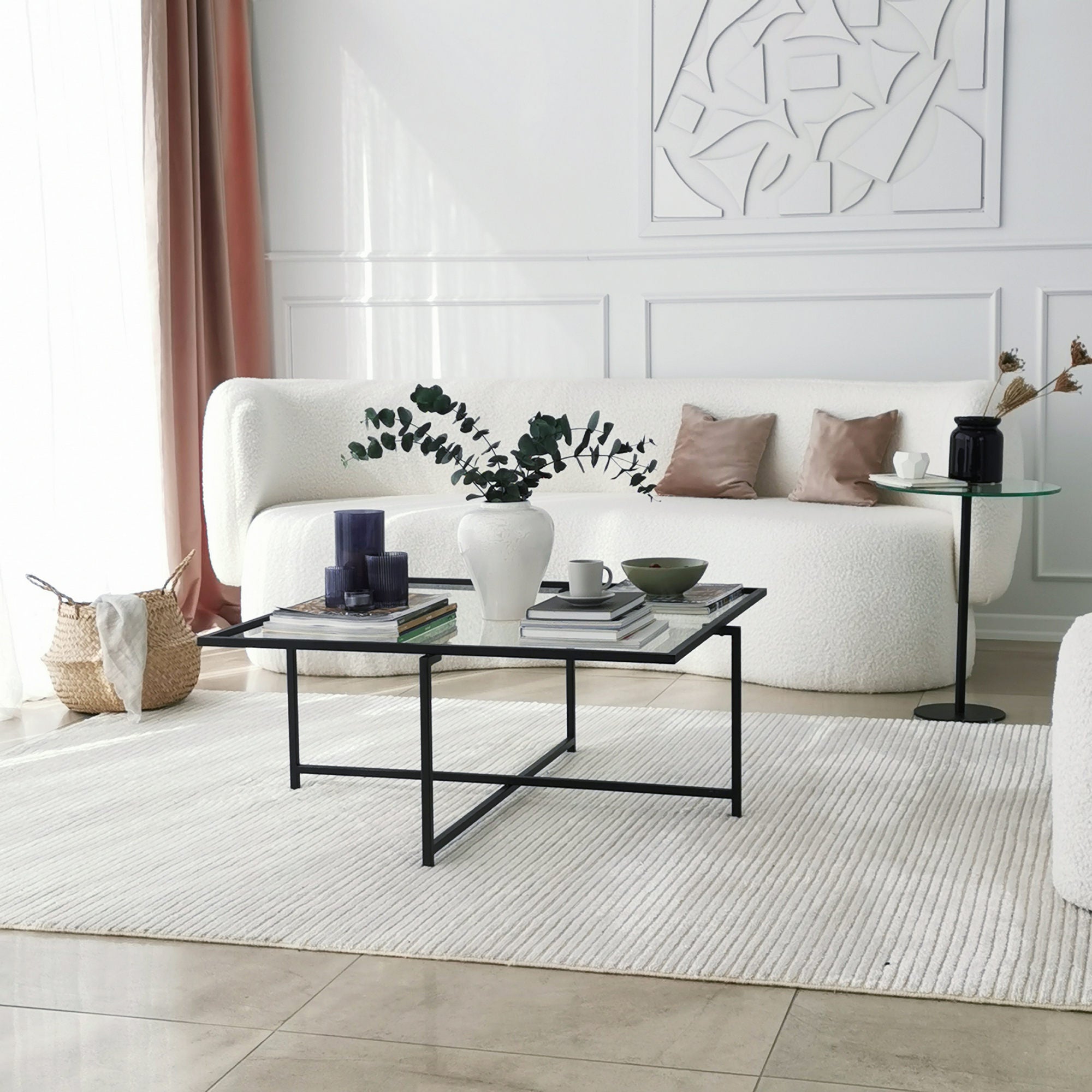 Mesa de Centro Moderna com Tampo 100% em Vidro Temperado, Pés em Metal Preto, 85 x 35 x 85 cm | Design Industrial, Resistente a Manchas, Elegante e Durável