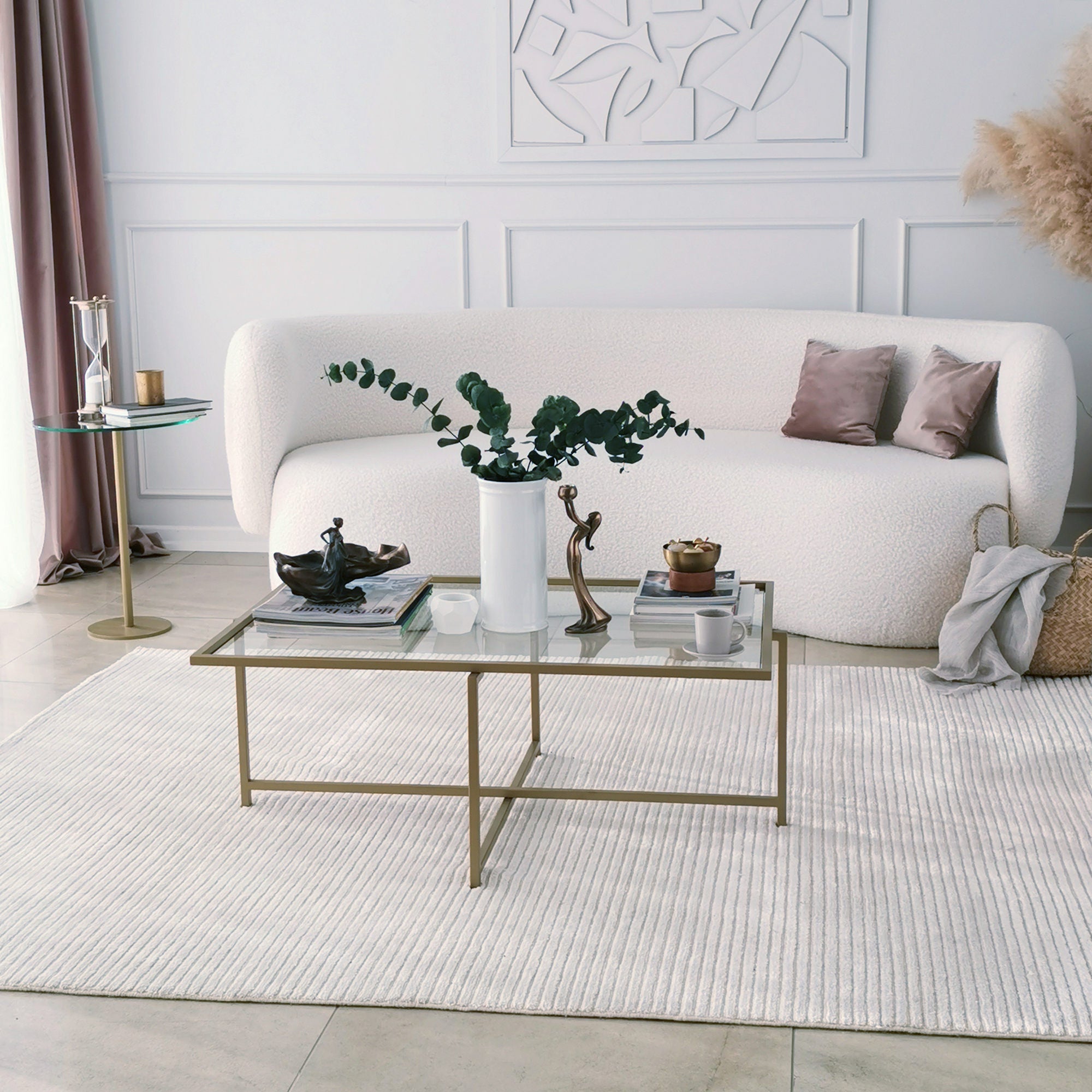 Mesa de Centro Moderna com Tampo 100% em Vidro Temperado e Pernas em Metal Dourado, 94 x 35 x 64 cm | Design Elegante e Resistente a Manchas para Espaços Glamourosos