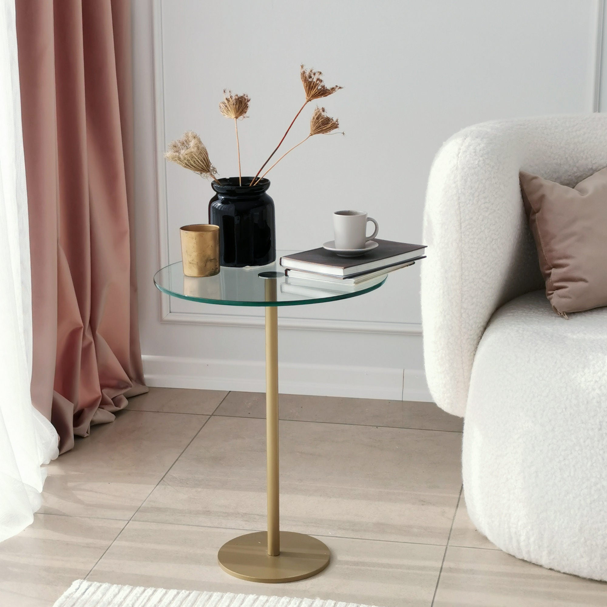 Mesa de Centro Moderna e Glamourosa, Acabamento Dourado, 40 x 50 x 40 cm | Tampo 100% Vidro Temperado, Pés de Metal, Antimanchas | Elegante e Funcional para Qualquer Espaço