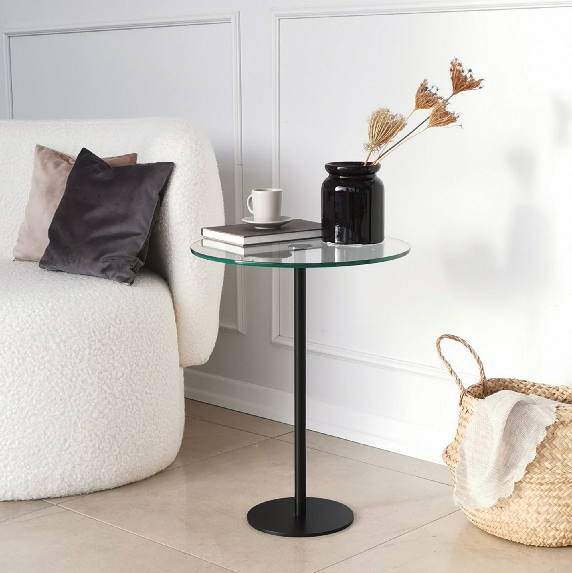 Mesa de Centro Moderna, Preta, 40 x 50 x 40 cm | Tampo 100% Vidro Temperado, Pés de Metal, Antimanchas | Design Industrial Elegante para Casa e Escritório