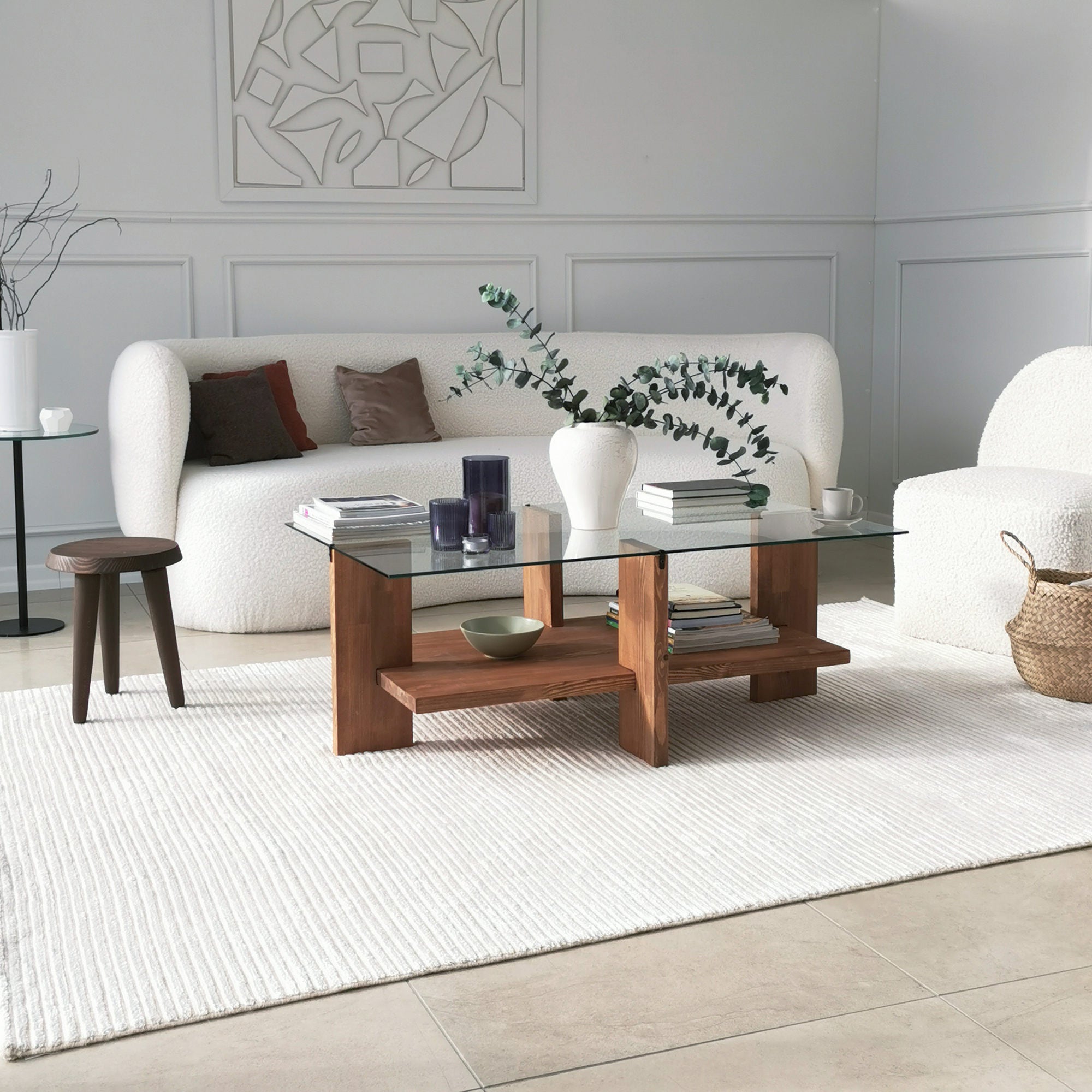 Mesa de Centro Elegante, 105 cm x 60 cm x 40 cm | Tampo 100% Vidro Temperado, Estrutura em Madeira Maciça | Design Rústico Moderno para Sala de Estar e Jantar