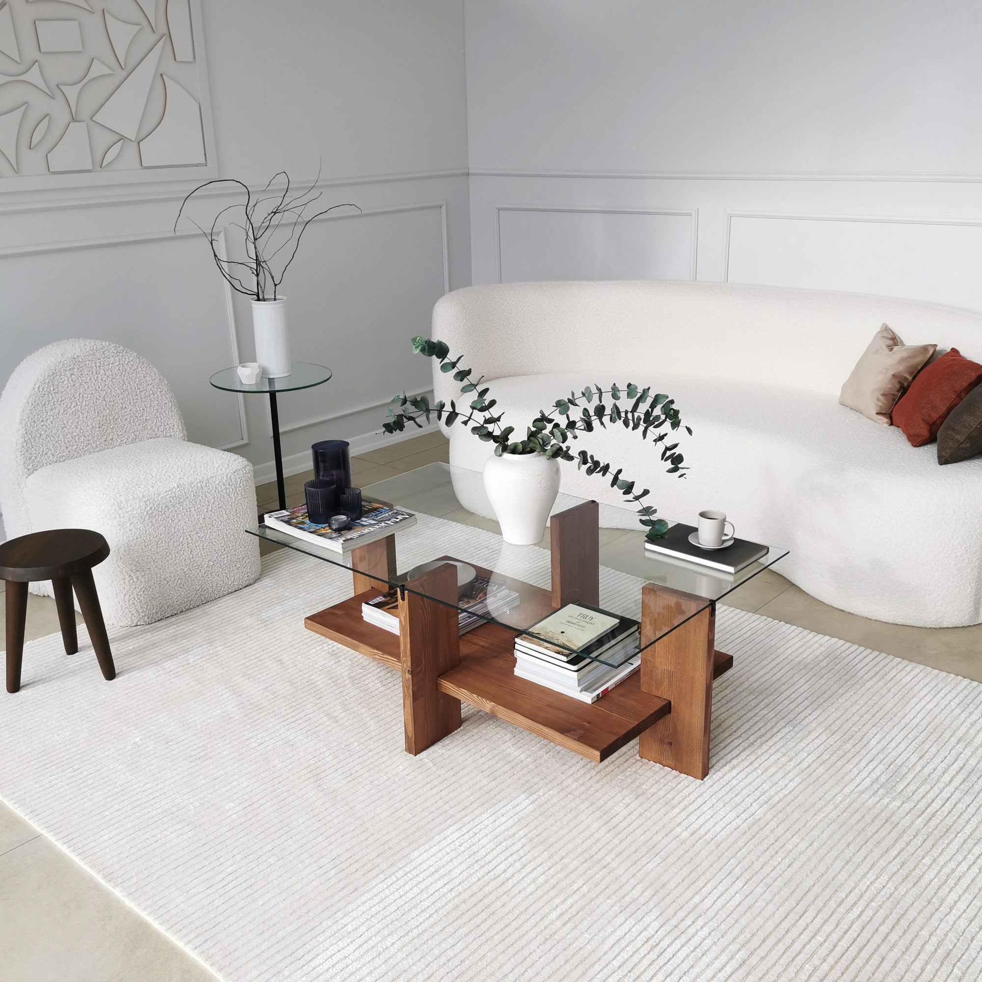 Mesa de Centro Elegante, 105 cm x 60 cm x 40 cm | Tampo 100% Vidro Temperado, Estrutura em Madeira Maciça | Design Rústico Moderno para Sala de Estar e Jantar