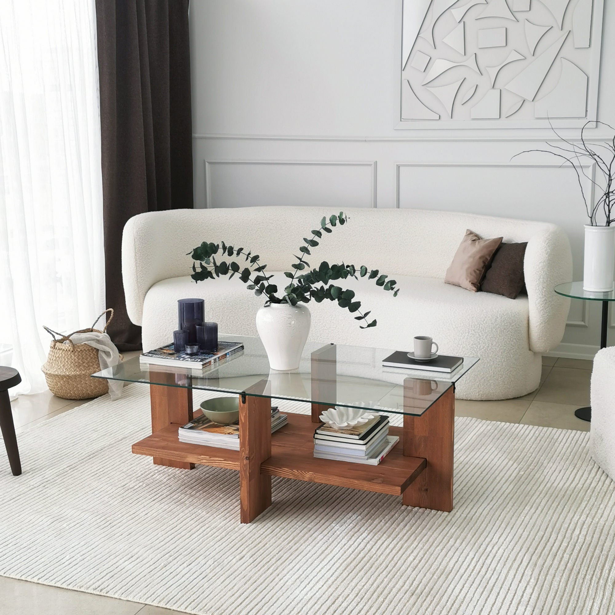 Mesa de Centro Elegante, 105 cm x 60 cm x 40 cm | Tampo 100% Vidro Temperado, Estrutura em Madeira Maciça | Design Rústico Moderno para Sala de Estar e Jantar