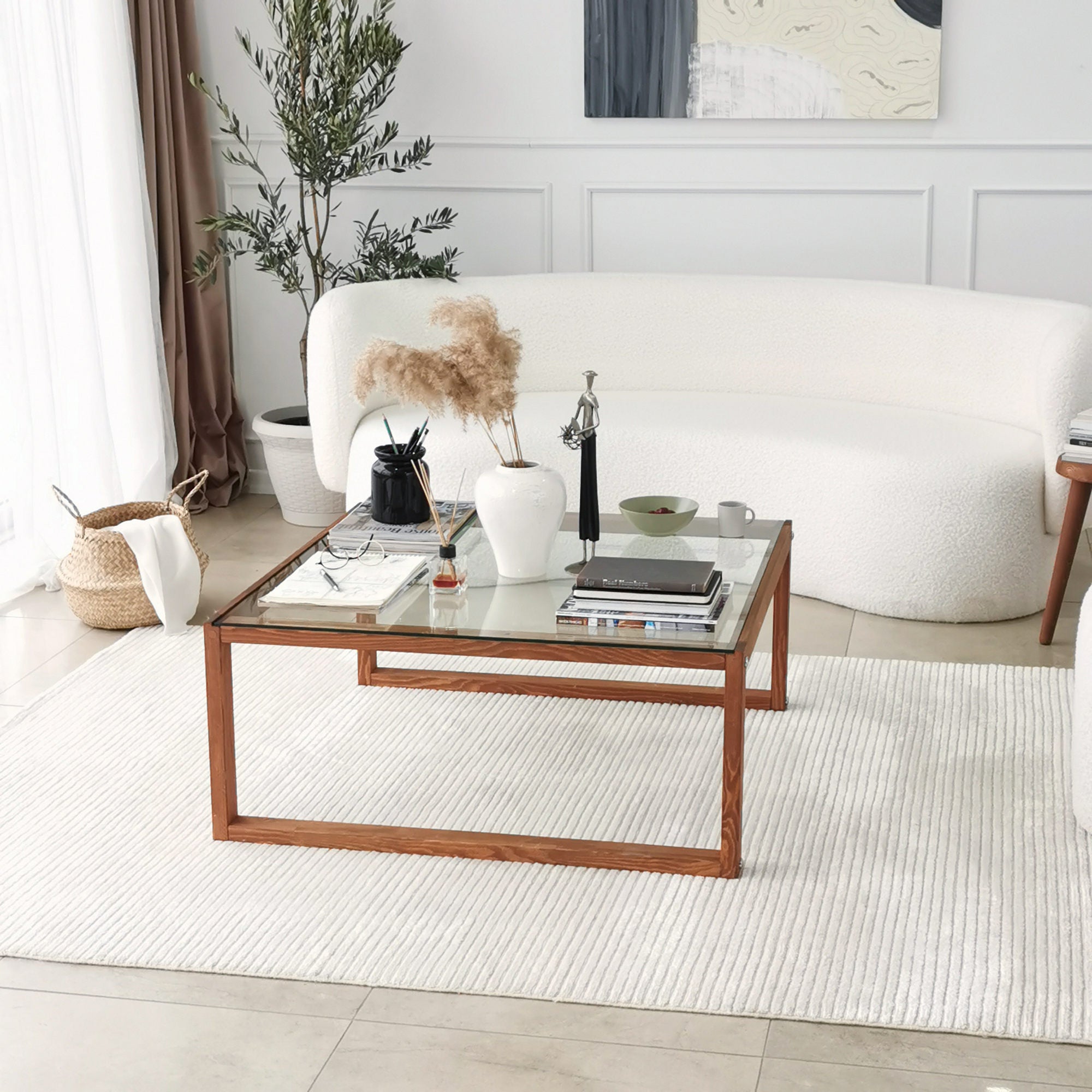Mesa de Centro Elegante, 90 cm x 40 cm x 90 cm | Tampo 100% Vidro Temperado e Estrutura em Madeira de Pinho Maciça | Design Rústico Moderno para Sala de Estar e Sala de Jantar