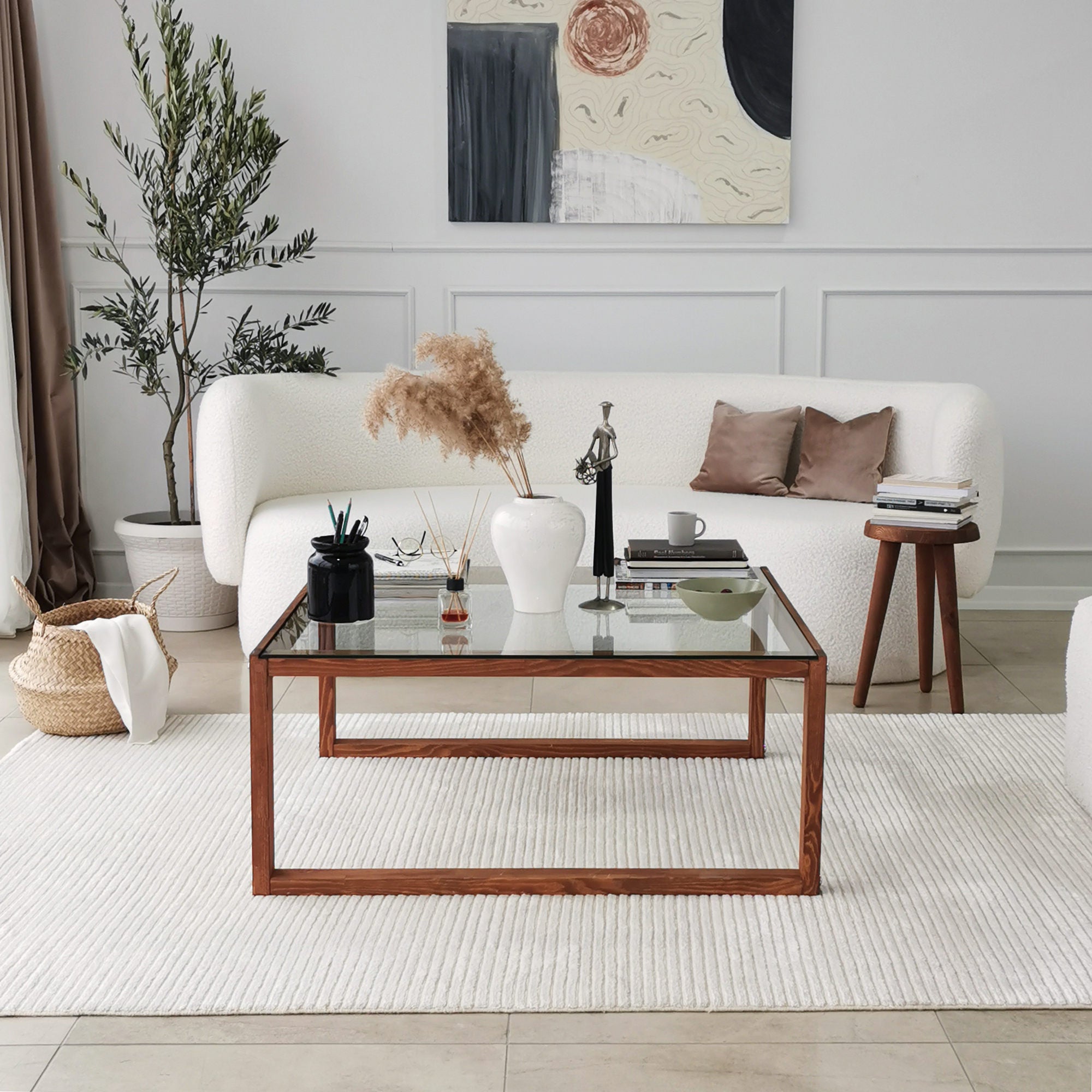 Mesa de Centro Elegante, 90 cm x 40 cm x 90 cm | Tampo 100% Vidro Temperado e Estrutura em Madeira de Pinho Maciça | Design Rústico Moderno para Sala de Estar e Sala de Jantar