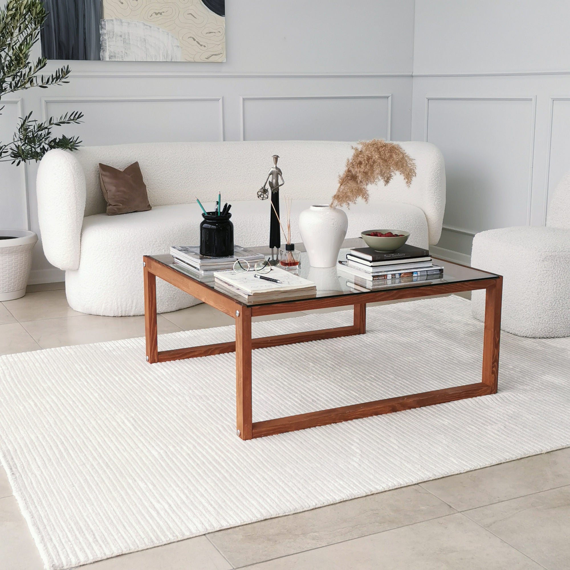 Mesa de Centro Elegante, 90 cm x 40 cm x 90 cm | Tampo 100% Vidro Temperado e Estrutura em Madeira de Pinho Maciça | Design Rústico Moderno para Sala de Estar e Sala de Jantar
