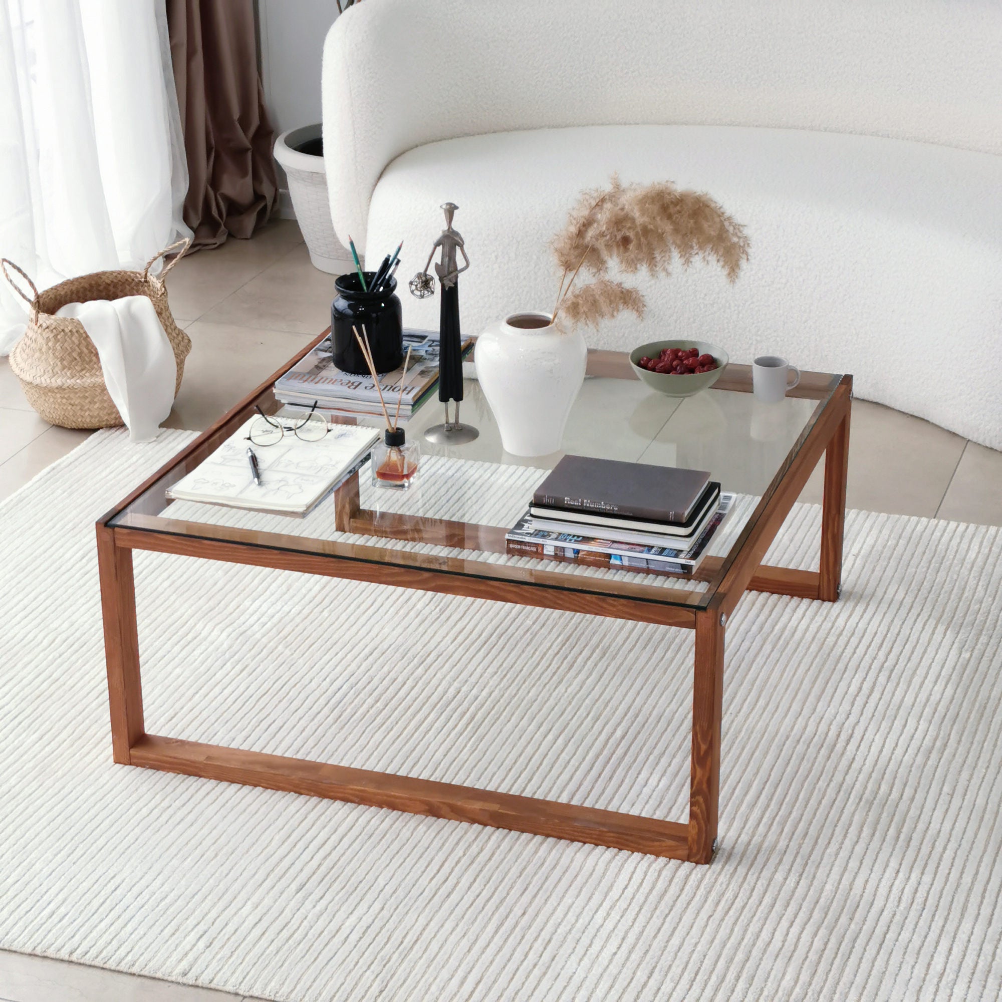 Mesa de Centro Elegante, 90 cm x 40 cm x 90 cm | Tampo 100% Vidro Temperado e Estrutura em Madeira de Pinho Maciça | Design Rústico Moderno para Sala de Estar e Sala de Jantar