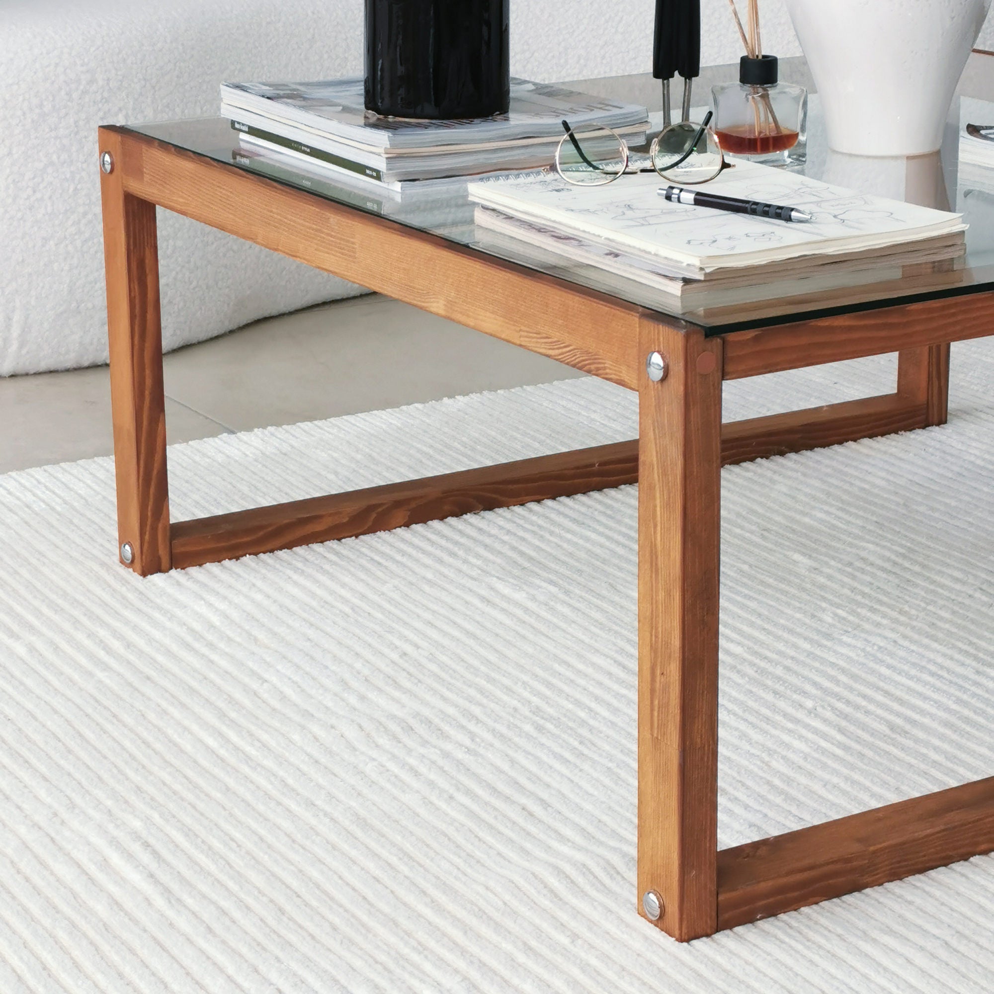 Mesa de Centro Elegante, 90 cm x 40 cm x 90 cm | Tampo 100% Vidro Temperado e Estrutura em Madeira de Pinho Maciça | Design Rústico Moderno para Sala de Estar e Sala de Jantar