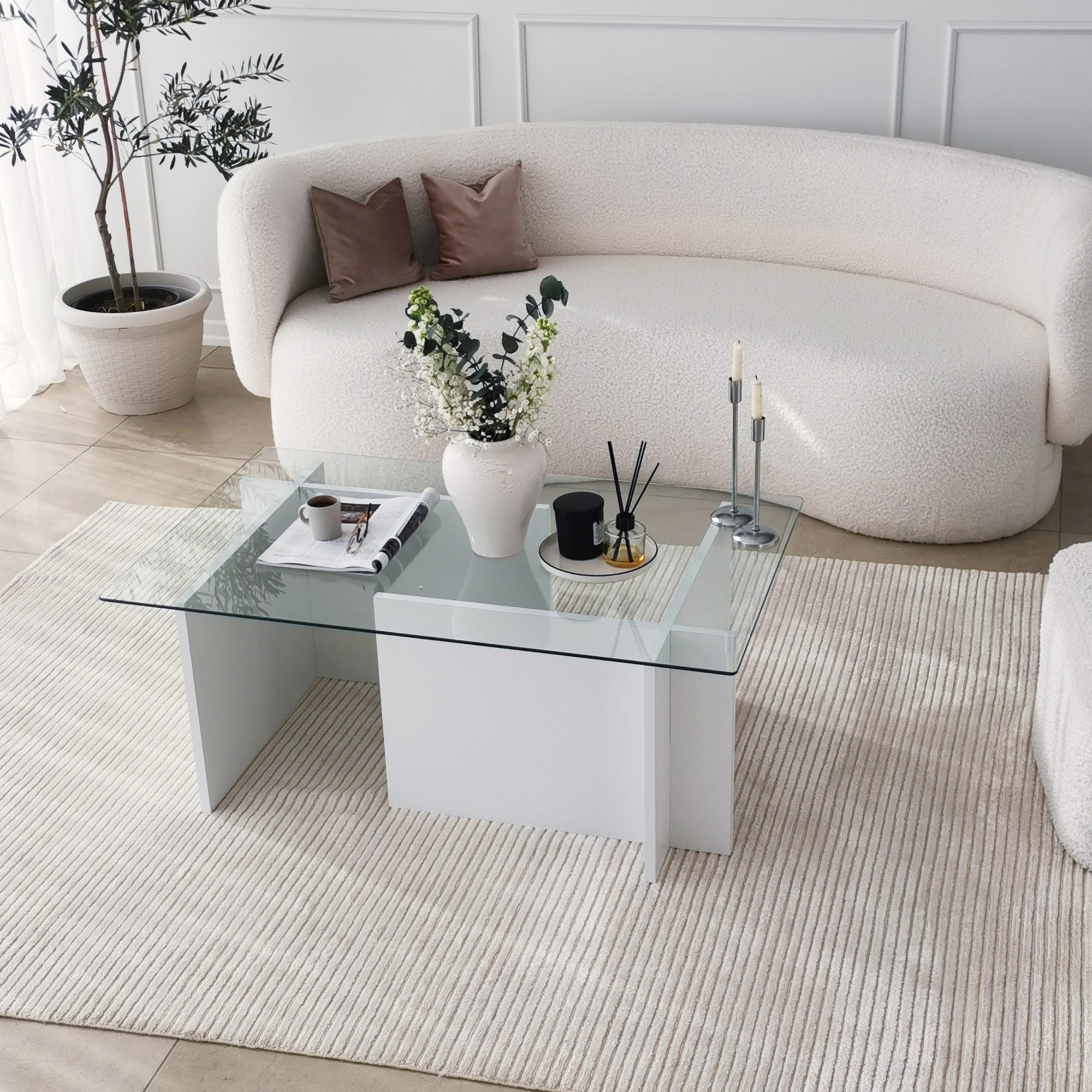 Mesa de Centro Branca Moderna, 105 x 65 x 40 cm | Tampo 100% Vidro Temperado, Estrutura com Revestimento em Melamina de 18 mm | Elegante e Funcional para Qualquer Espaço