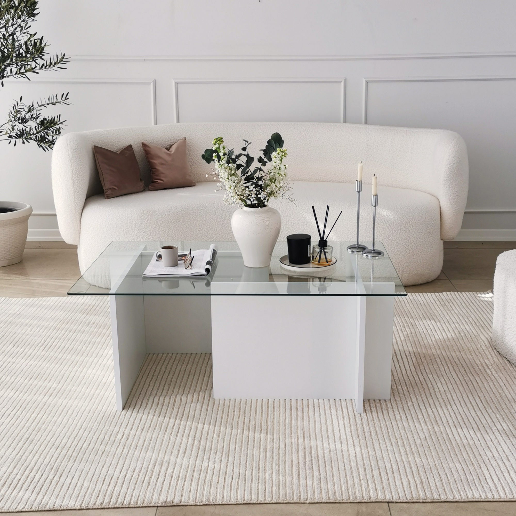 Mesa de Centro Branca Moderna, 105 x 65 x 40 cm | Tampo 100% Vidro Temperado, Estrutura com Revestimento em Melamina de 18 mm | Elegante e Funcional para Qualquer Espaço