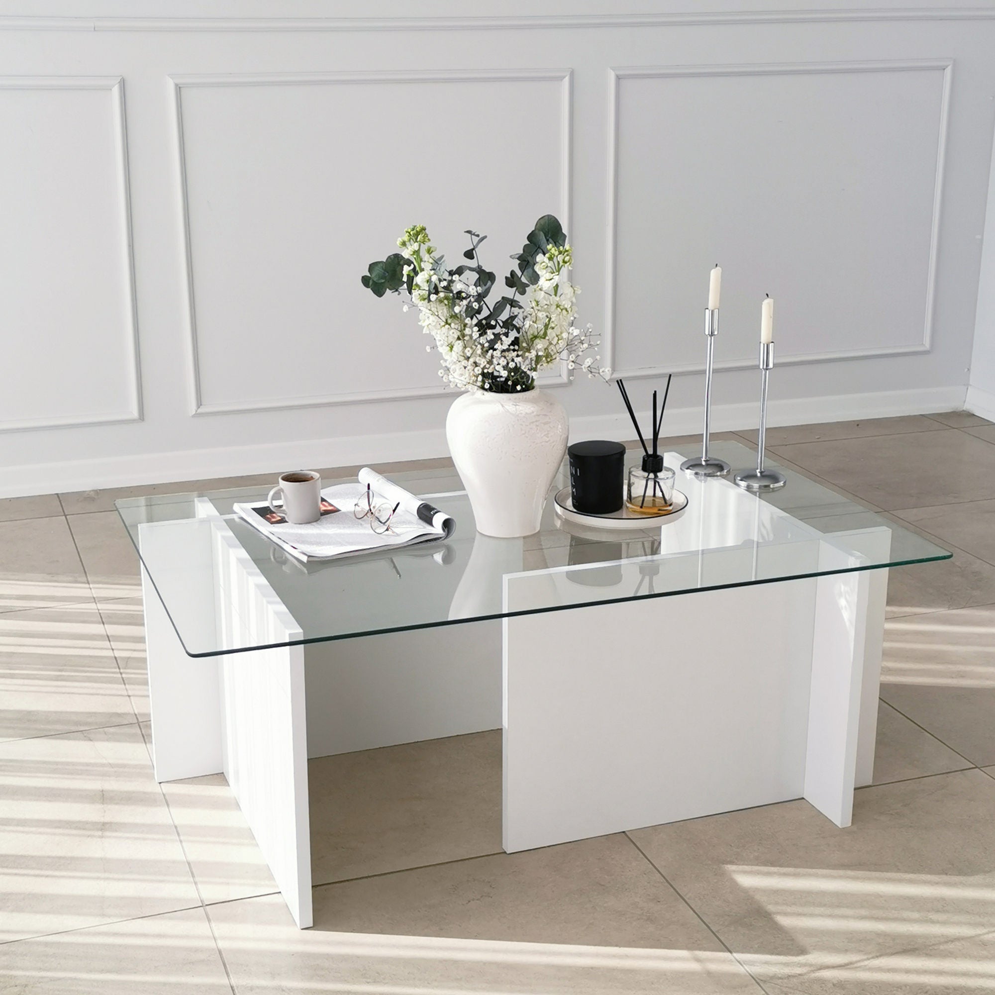 Mesa de Centro Branca Moderna, 105 x 65 x 40 cm | Tampo 100% Vidro Temperado, Estrutura com Revestimento em Melamina de 18 mm | Elegante e Funcional para Qualquer Espaço