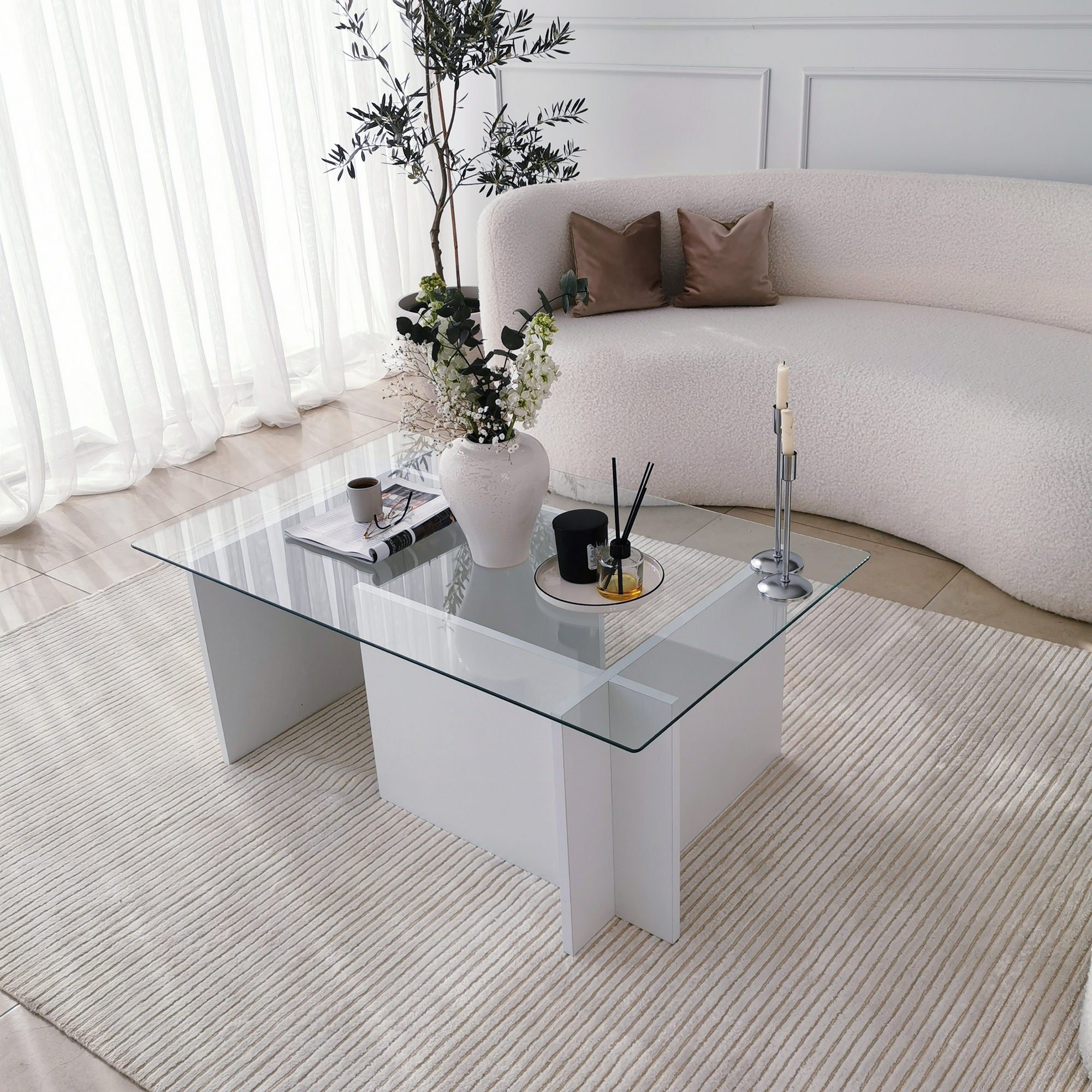 Mesa de Centro Branca Moderna, 105 x 65 x 40 cm | Tampo 100% Vidro Temperado, Estrutura com Revestimento em Melamina de 18 mm | Elegante e Funcional para Qualquer Espaço