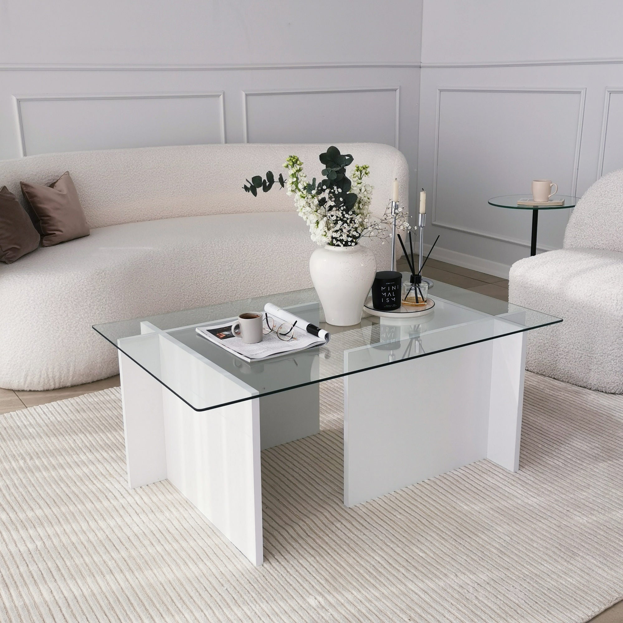 Mesa de Centro Branca Moderna, 105 x 65 x 40 cm | Tampo 100% Vidro Temperado, Estrutura com Revestimento em Melamina de 18 mm | Elegante e Funcional para Qualquer Espaço
