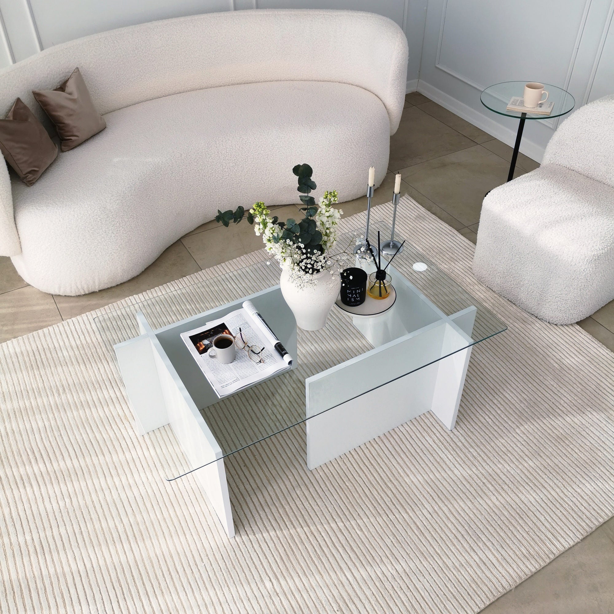 Mesa de Centro Branca Moderna, 105 x 65 x 40 cm | Tampo 100% Vidro Temperado, Estrutura com Revestimento em Melamina de 18 mm | Elegante e Funcional para Qualquer Espaço