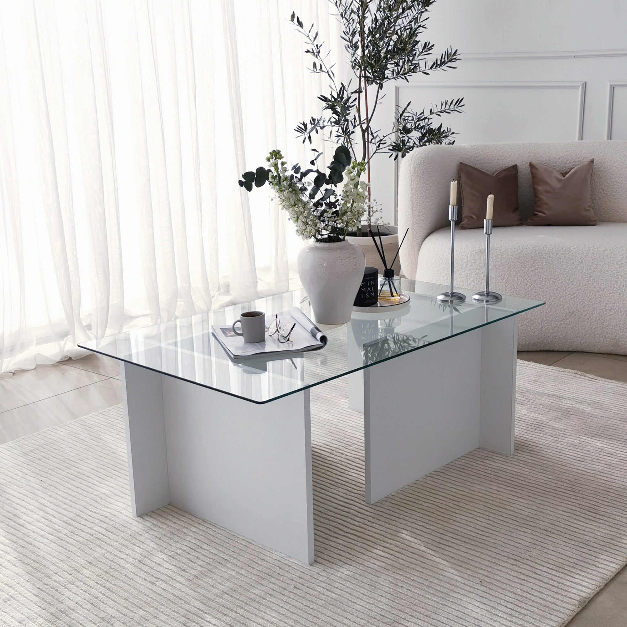 Mesa de Centro Branca Moderna, 105 x 65 x 40 cm | Tampo 100% Vidro Temperado, Estrutura com Revestimento em Melamina de 18 mm | Elegante e Funcional para Qualquer Espaço