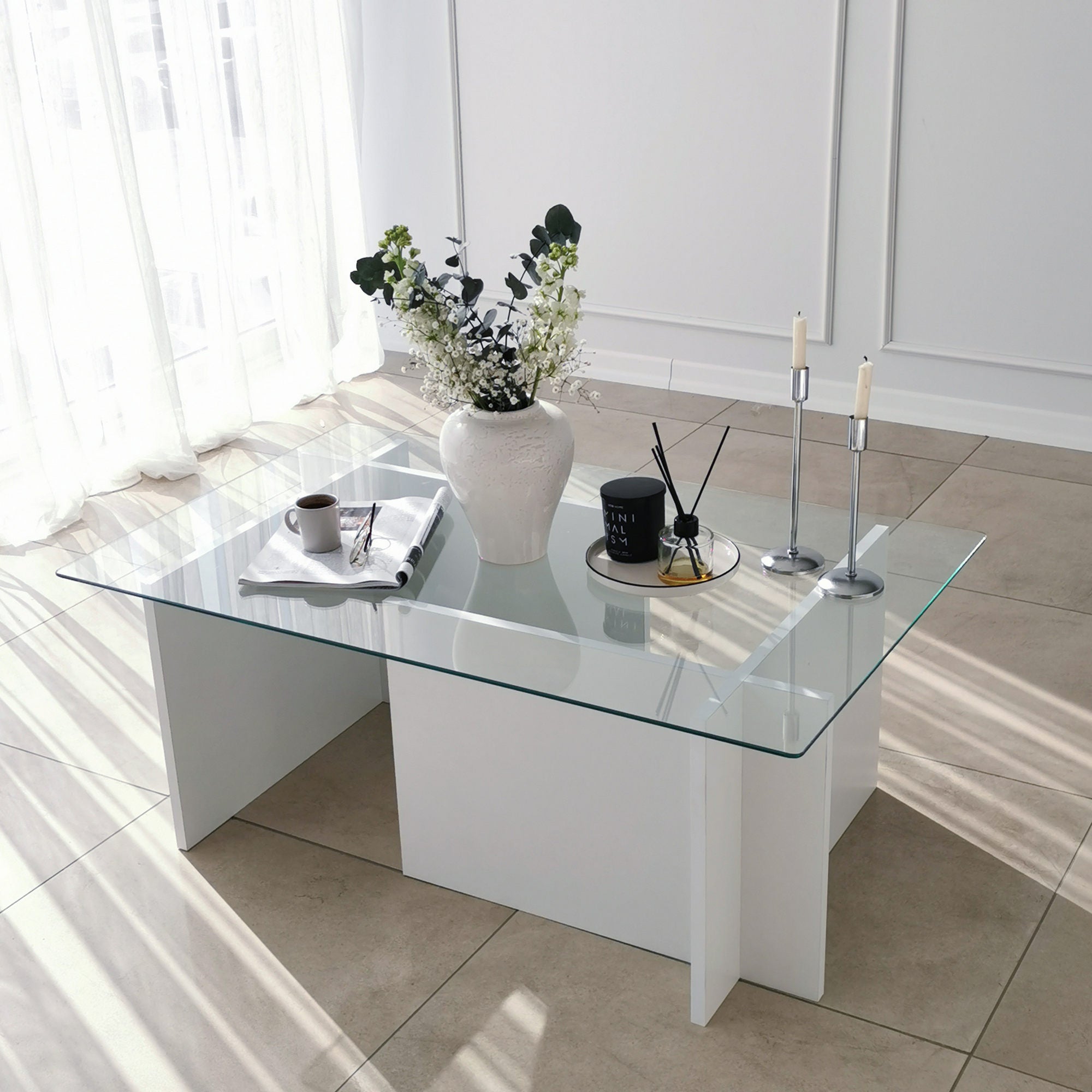 Mesa de Centro Branca Moderna, 105 x 65 x 40 cm | Tampo 100% Vidro Temperado, Estrutura com Revestimento em Melamina de 18 mm | Elegante e Funcional para Qualquer Espaço
