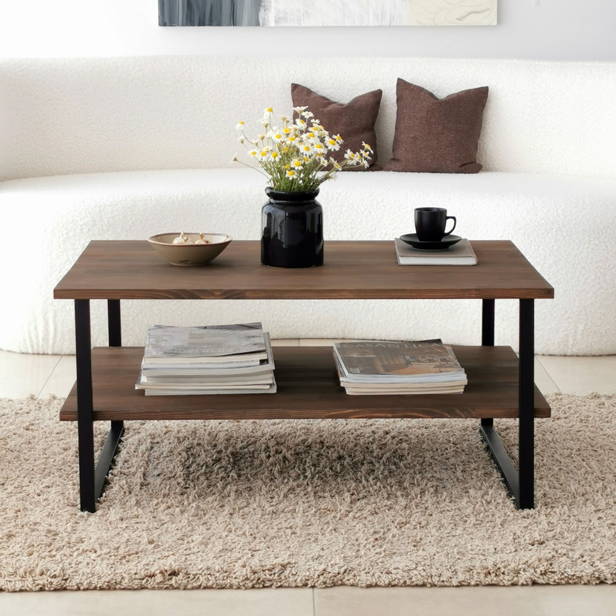 Mesa de Centro Moderna, Cor Nogueira, 85 x 60 x 40 cm | 100% Madeira Maciça de Pinho, Pés de Metal Antiferrugem, Antibacteriano | Design Industrial Elegante, Montagem Requerida