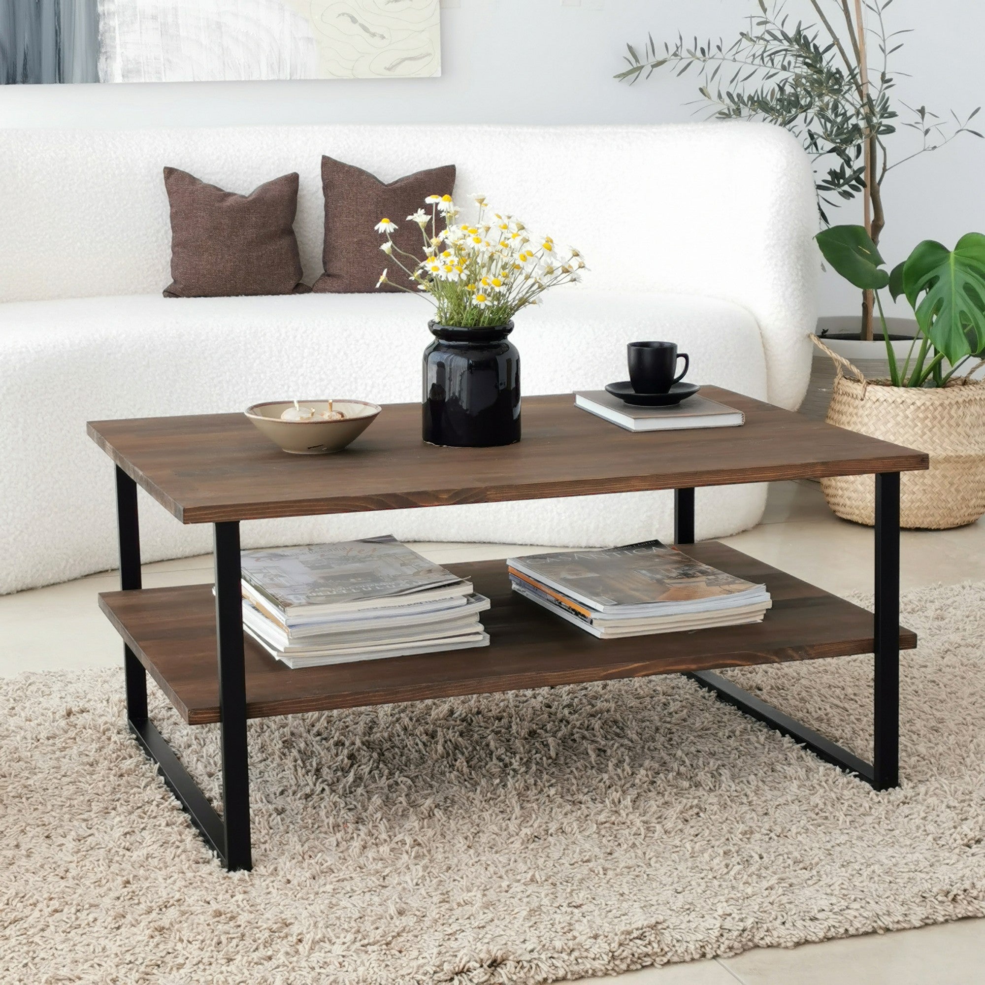 Mesa de Centro Moderna, Cor Nogueira, 85 x 60 x 40 cm | 100% Madeira Maciça de Pinho, Pés de Metal Antiferrugem, Antibacteriano | Design Industrial Elegante, Montagem Requerida
