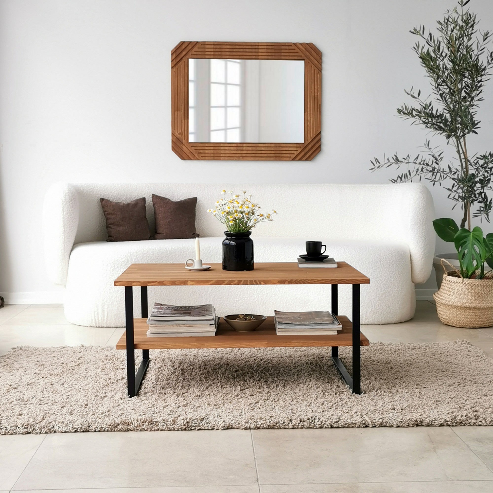 Mesa de Centro Moderna, 100% Madeira Maciça de Pinho com Estrutura de Metal Antiferrugem, Antibacteriana, Cor Carvalho, 85 x 60 x 40 cm | Elegante e Funcional para Qualquer Espaço