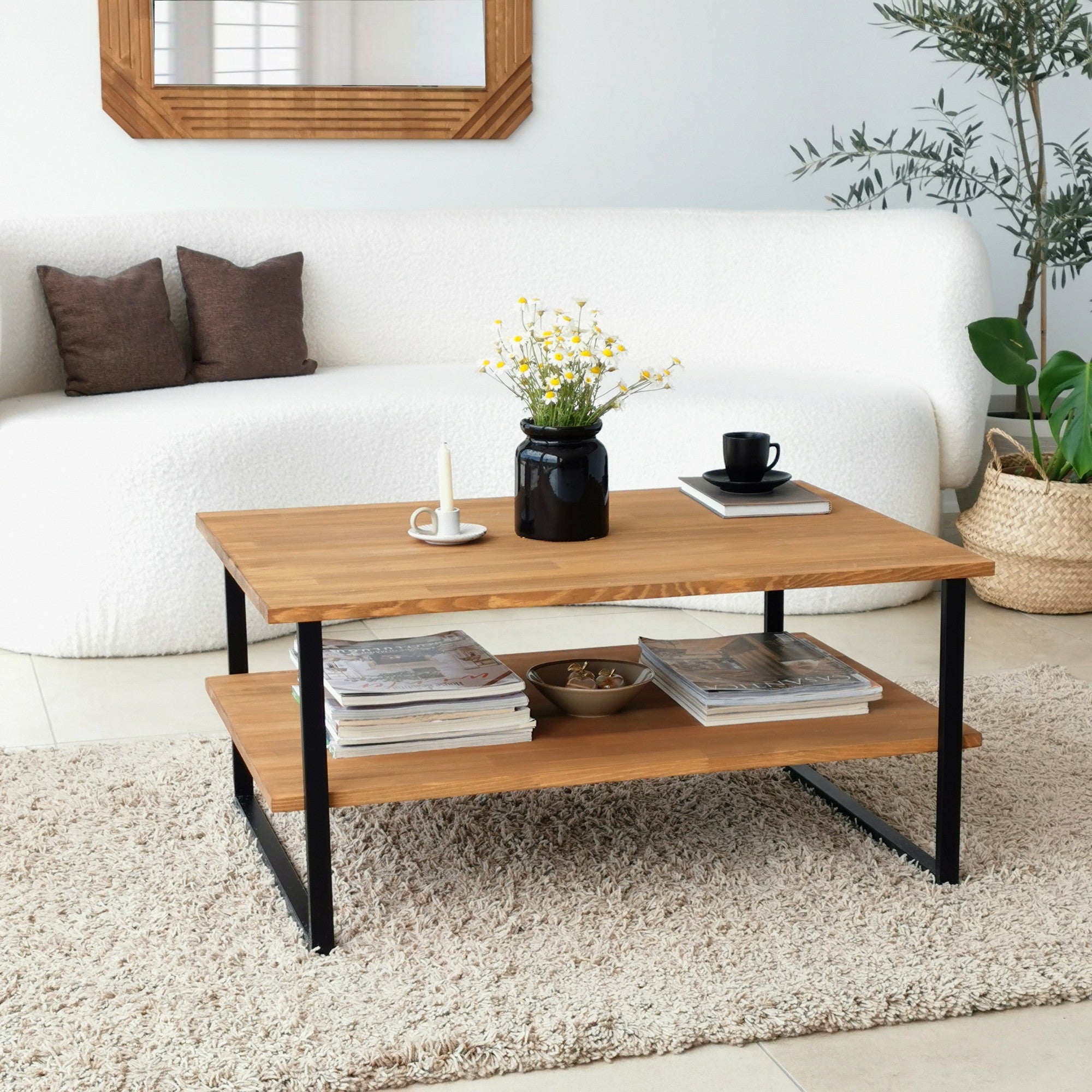 Mesa de Centro Moderna, 100% Madeira Maciça de Pinho com Estrutura de Metal Antiferrugem, Antibacteriana, Cor Carvalho, 85 x 60 x 40 cm | Elegante e Funcional para Qualquer Espaço