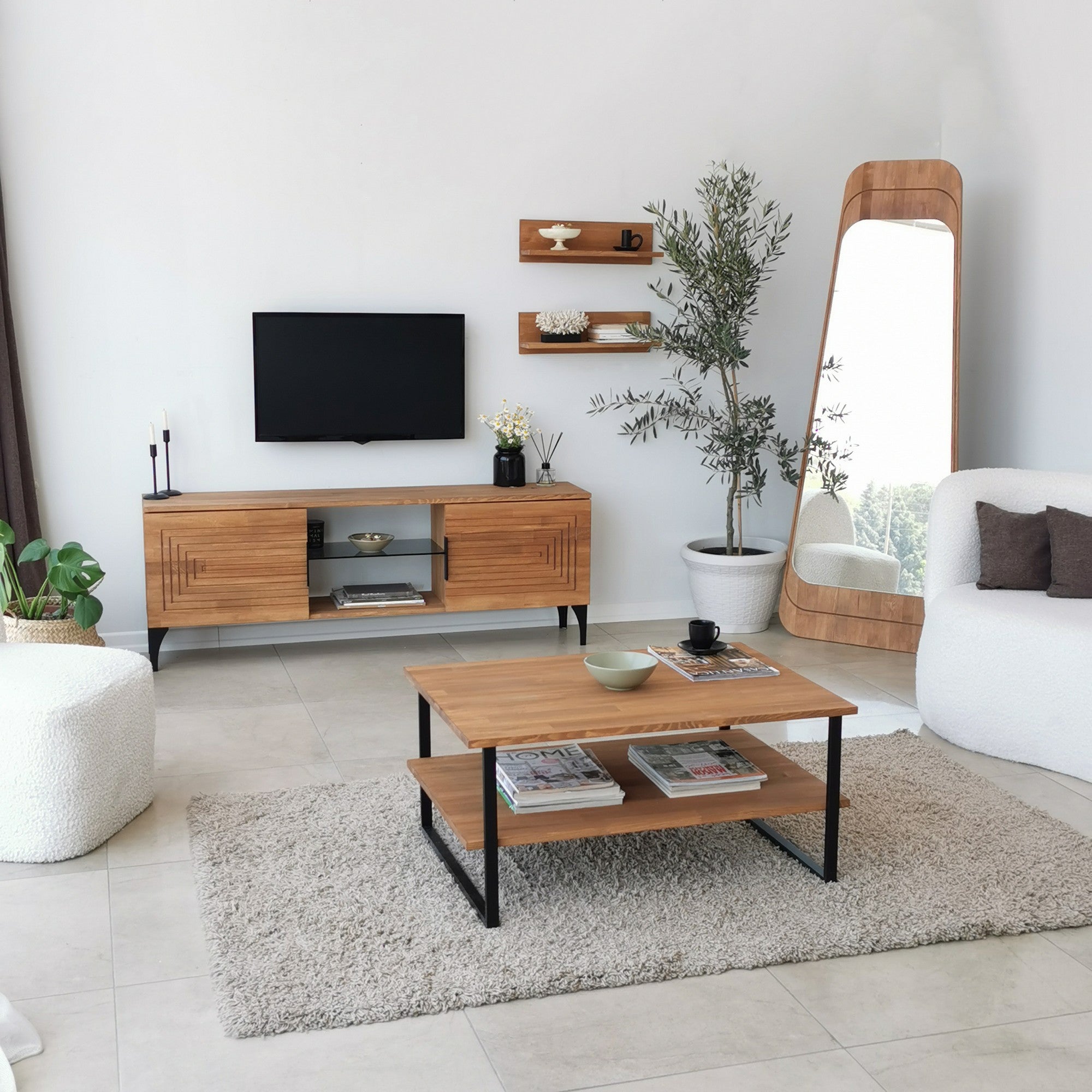 Mesa de Centro Moderna, 100% Madeira Maciça de Pinho com Estrutura de Metal Antiferrugem, Antibacteriana, Cor Carvalho, 85 x 60 x 40 cm | Elegante e Funcional para Qualquer Espaço