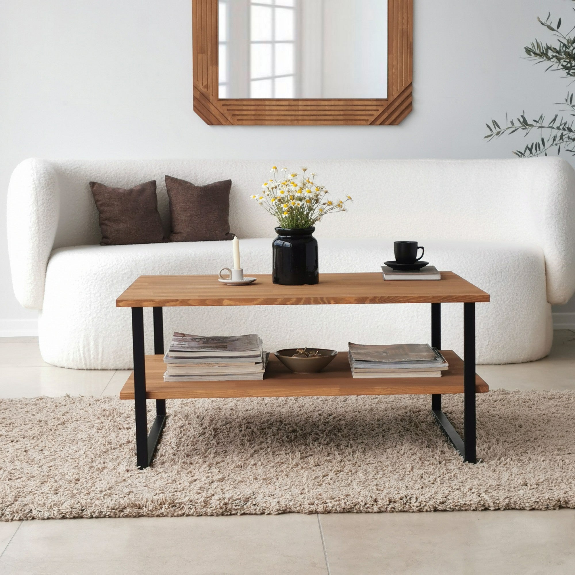 Mesa de Centro Moderna, 100% Madeira Maciça de Pinho com Estrutura de Metal Antiferrugem, Antibacteriana, Cor Carvalho, 85 x 60 x 40 cm | Elegante e Funcional para Qualquer Espaço