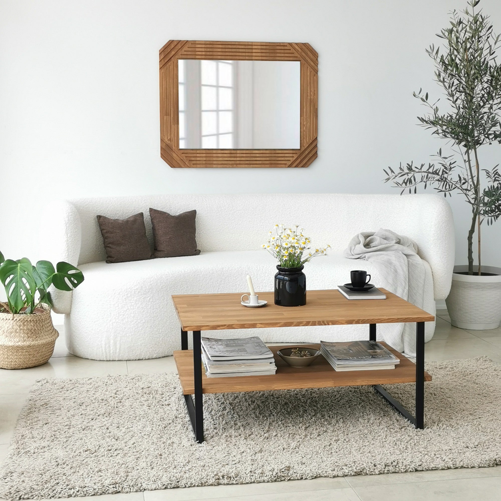 Mesa de Centro Moderna, 100% Madeira Maciça de Pinho com Estrutura de Metal Antiferrugem, Antibacteriana, Cor Carvalho, 85 x 60 x 40 cm | Elegante e Funcional para Qualquer Espaço