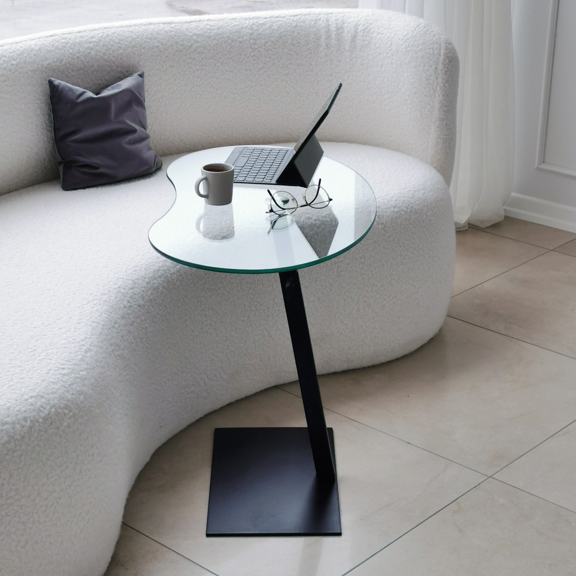 Mesa de Centro Moderna com Tampo 100% em Vidro Temperado, Estrutura em Metal Preto, Pernas Antibacterianas e Antiferrugem, Altura Ajustável, 70x75x40 cm | Design Industrial Elegante