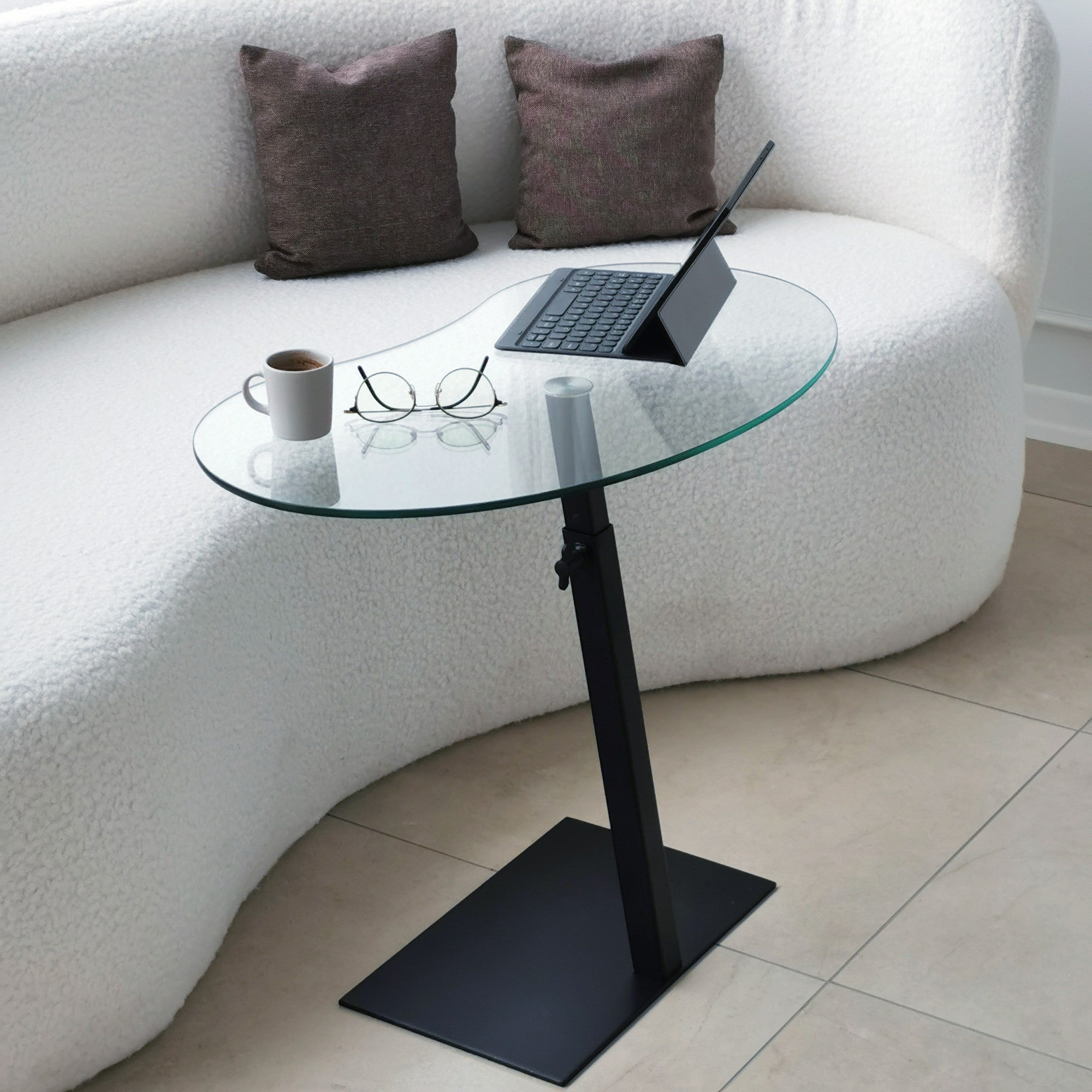 Mesa de Centro Moderna com Tampo 100% em Vidro Temperado, Estrutura em Metal Preto, Pernas Antibacterianas e Antiferrugem, Altura Ajustável, 70x75x40 cm | Design Industrial Elegante