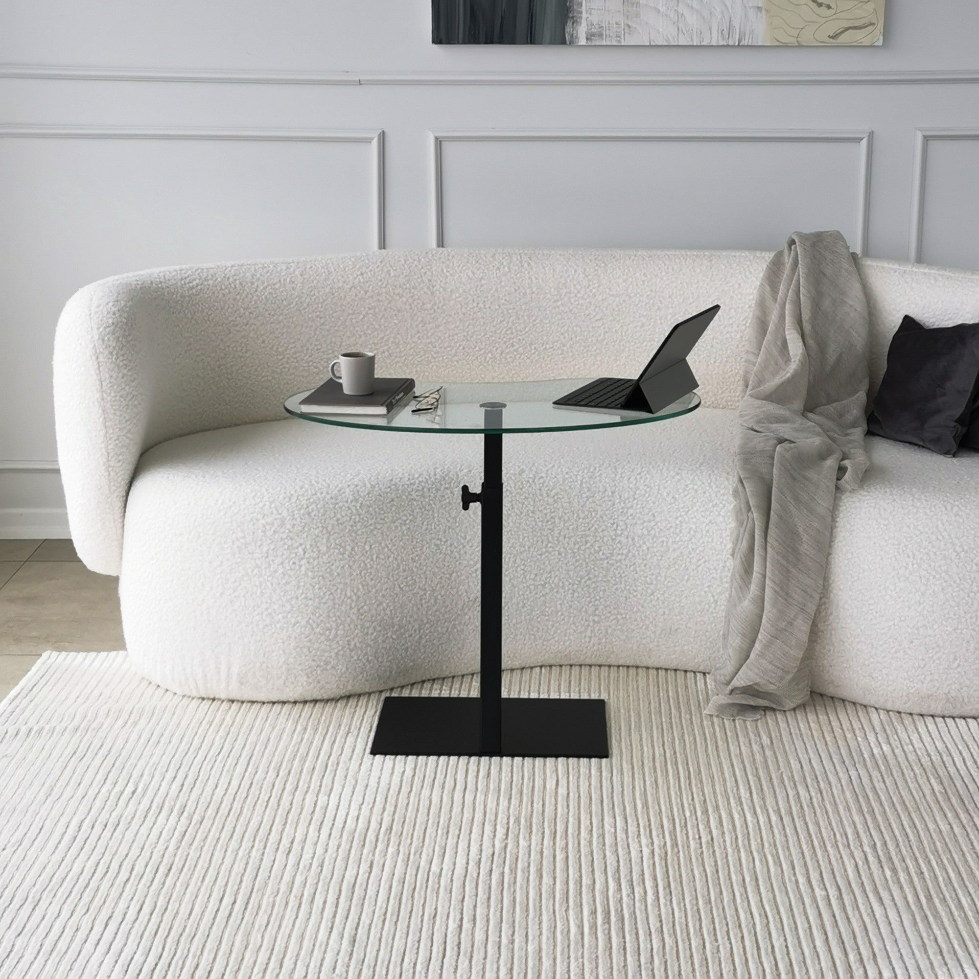 Mesa de Centro Moderna com Tampo 100% em Vidro Temperado, Estrutura em Metal Preto, Pernas Antibacterianas e Antiferrugem, Altura Ajustável, 70x75x40 cm | Design Industrial Elegante