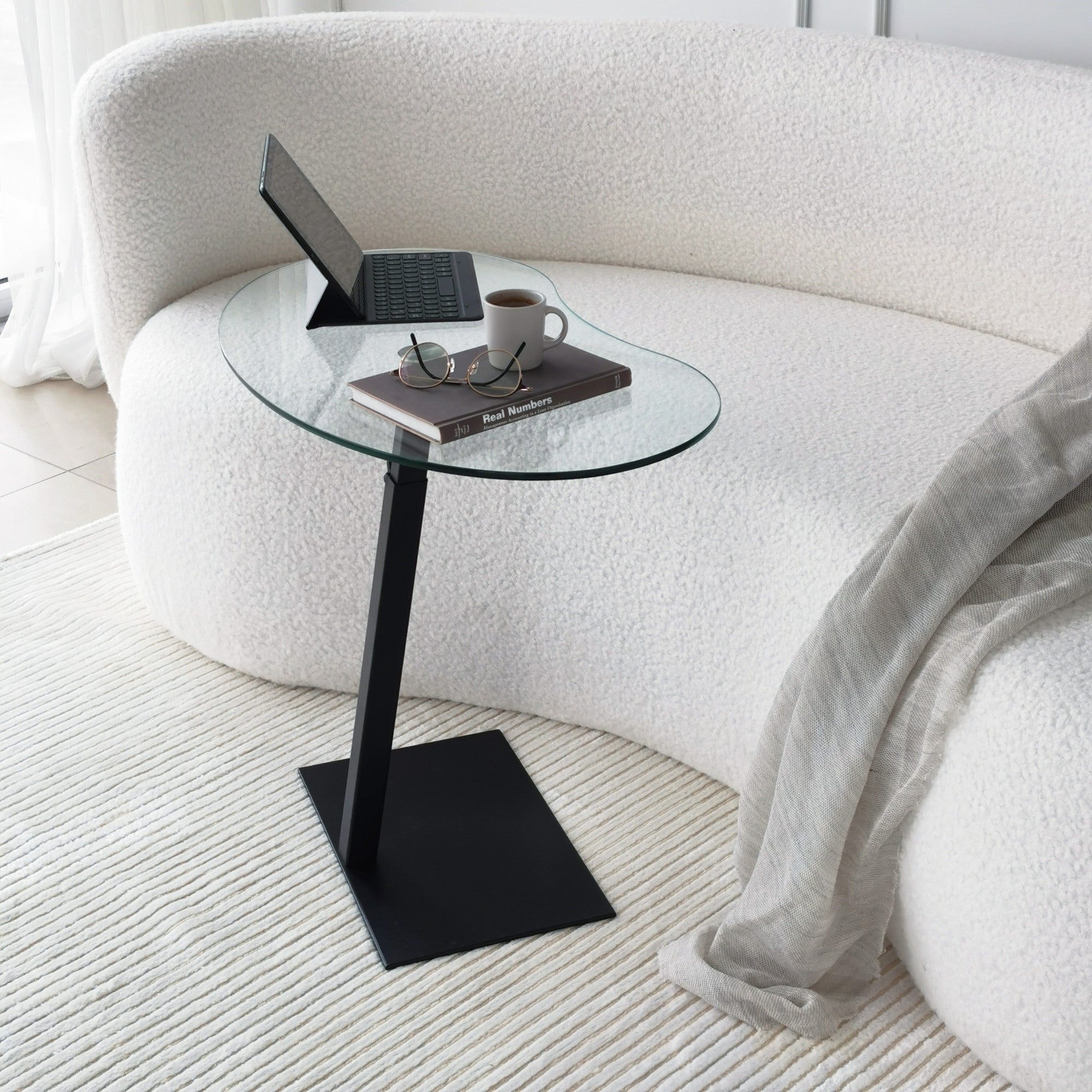 Mesa de Centro Moderna com Tampo 100% em Vidro Temperado, Estrutura em Metal Preto, Pernas Antibacterianas e Antiferrugem, Altura Ajustável, 70x75x40 cm | Design Industrial Elegante