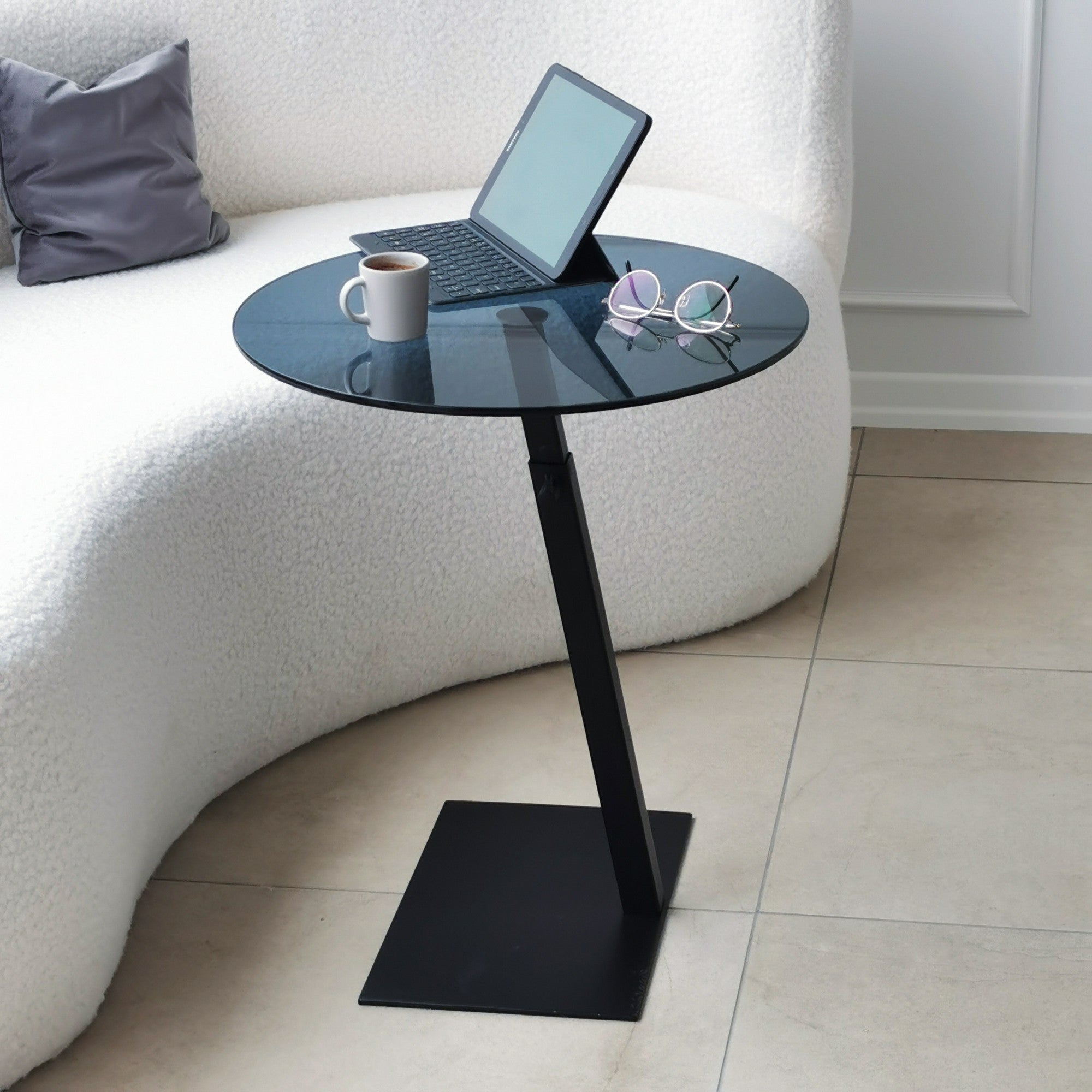 Mesa de Centro Moderna com Tampo 100% em Vidro Temperado, Estrutura em Metal Preto, Pernas Antibacterianas e Antiferrugem, Altura Ajustável, 40x75x40 cm | Design Industrial Elegante, Montagem Requerida