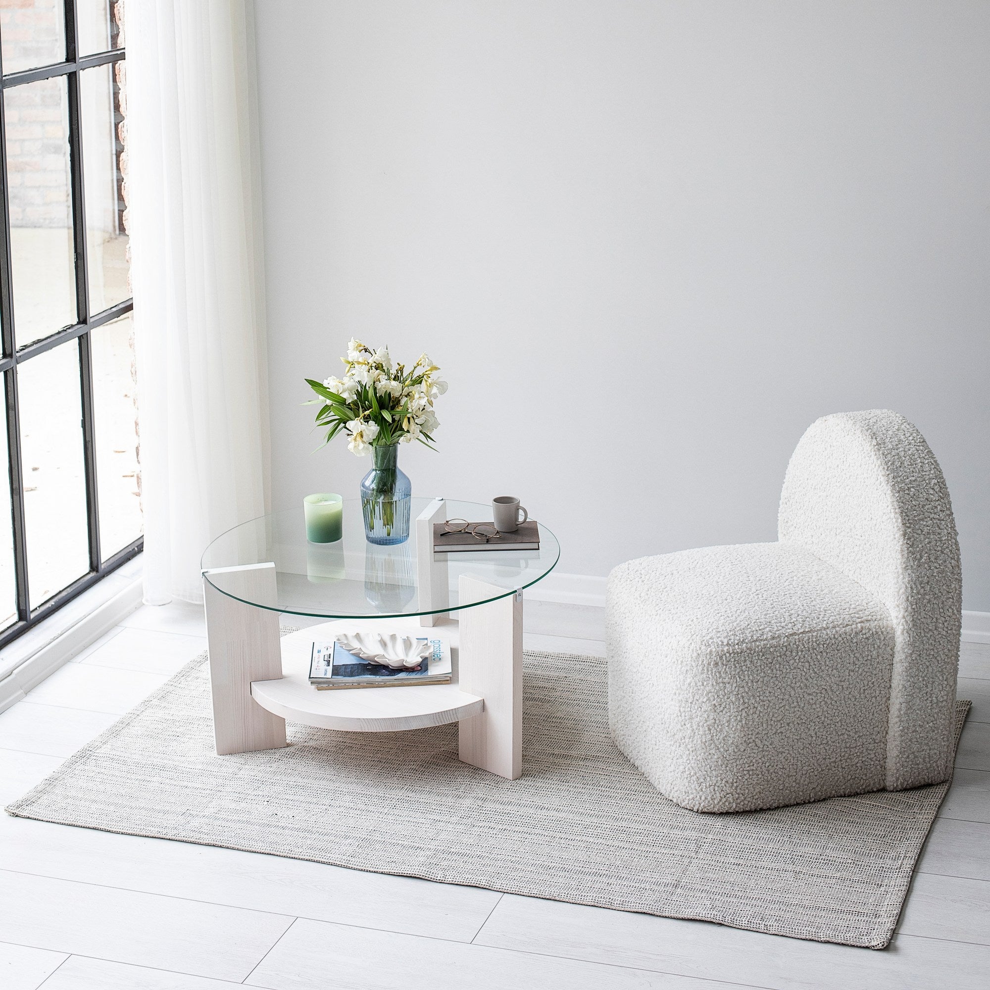 Mesa de Centro Branca Elegante, 75 x 75 x 40 cm | Tampo 100% Vidro Temperado e Estrutura em Madeira de Pinho Maciça | Elegante e Durável para Espaços Modernos