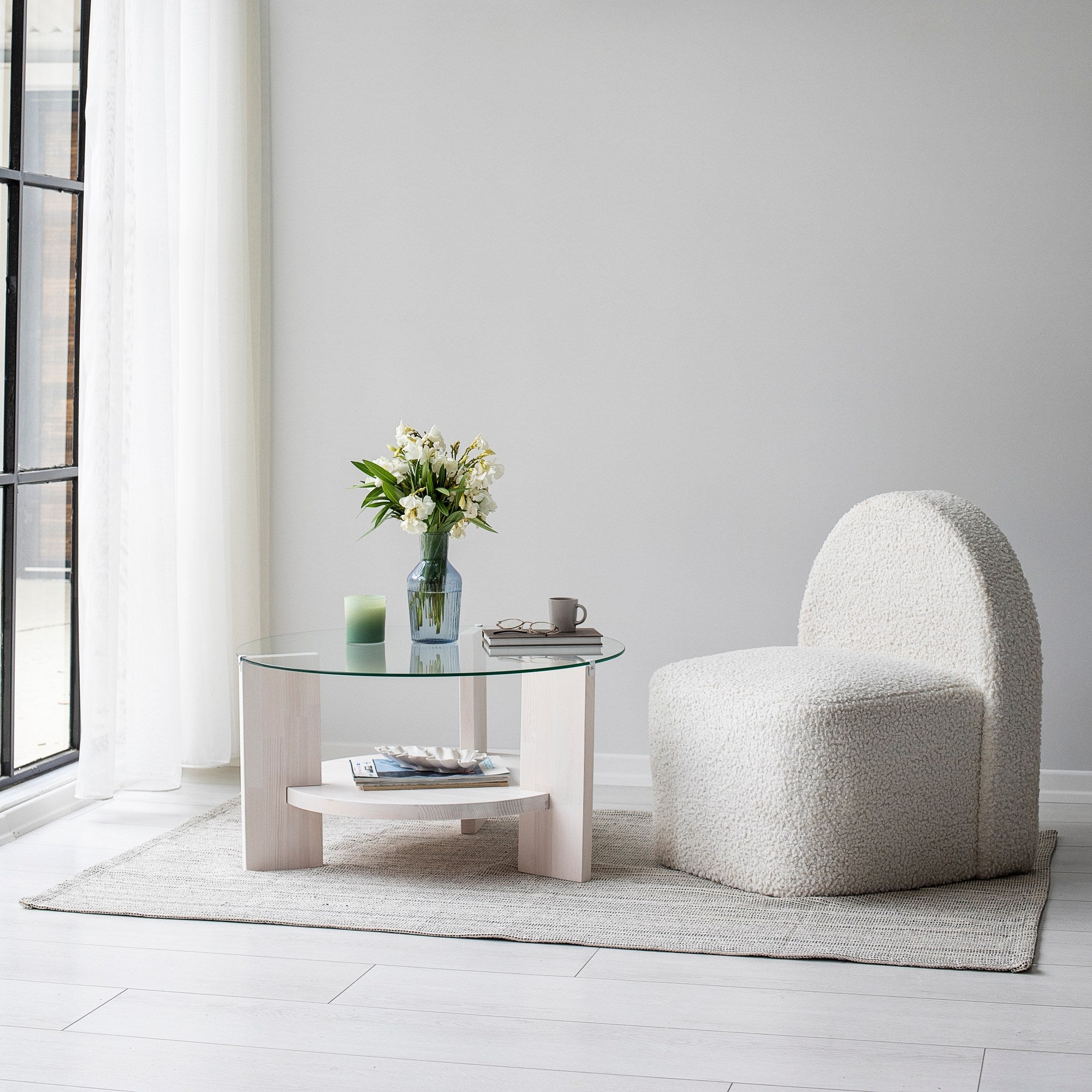 Mesa de Centro Branca Elegante, 75 x 75 x 40 cm | Tampo 100% Vidro Temperado e Estrutura em Madeira de Pinho Maciça | Elegante e Durável para Espaços Modernos