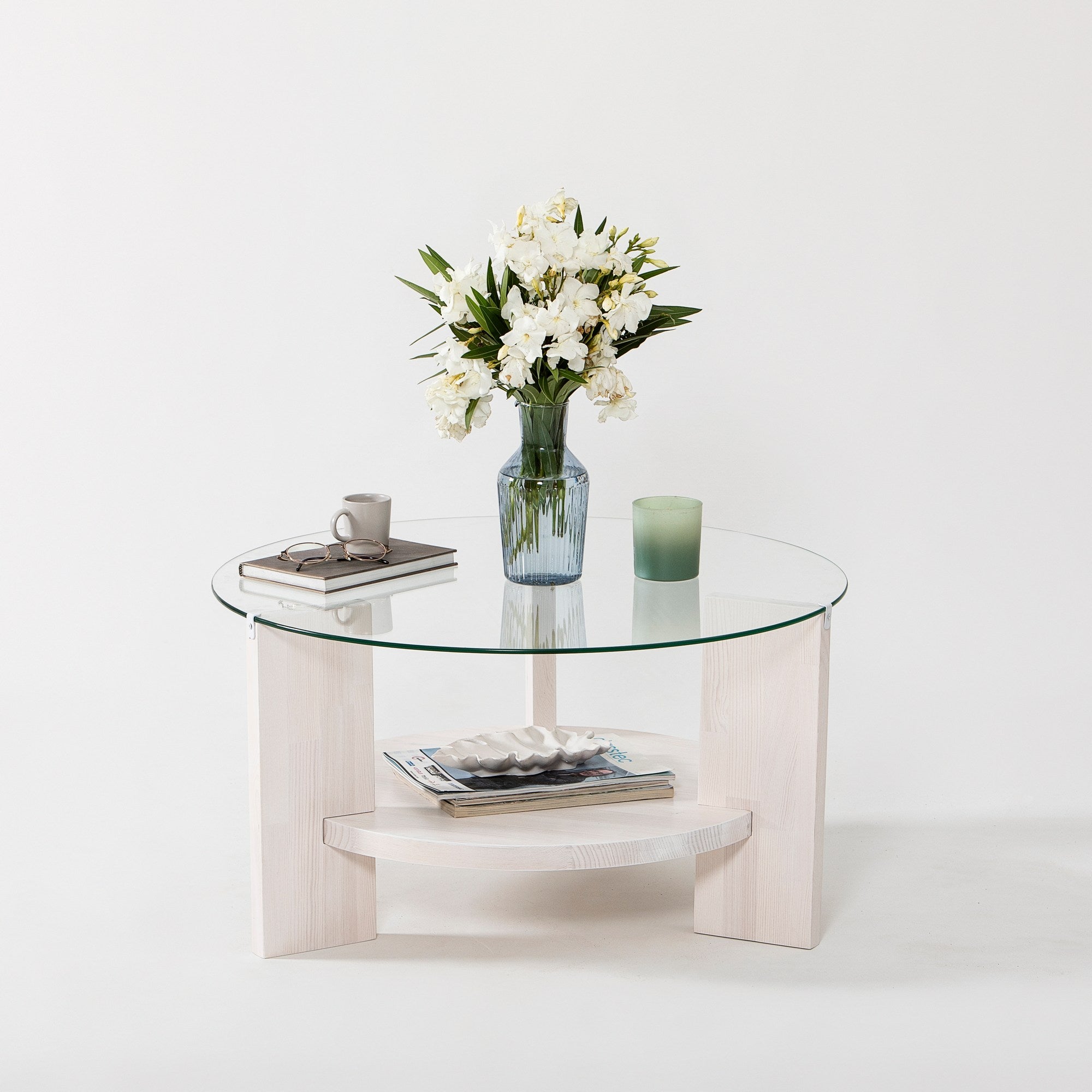Mesa de Centro Branca Elegante, 75 x 75 x 40 cm | Tampo 100% Vidro Temperado e Estrutura em Madeira de Pinho Maciça | Elegante e Durável para Espaços Modernos
