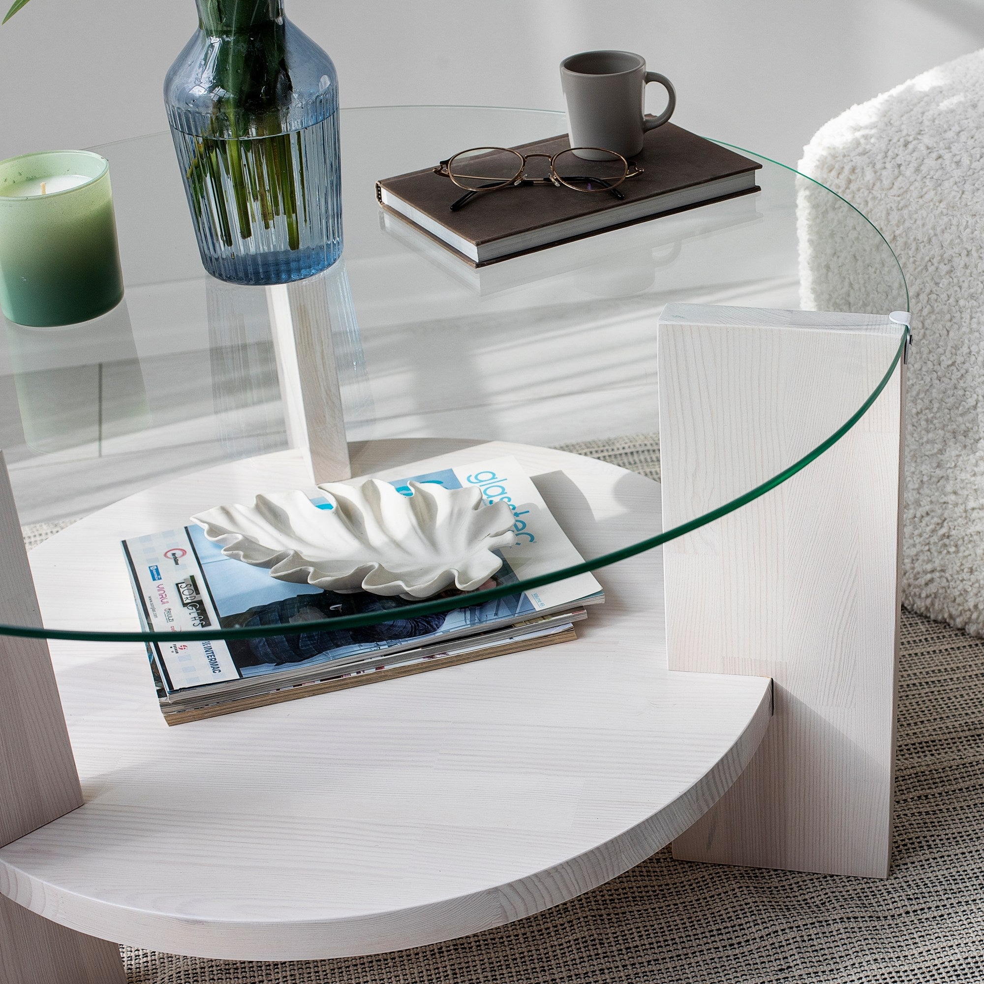 Mesa de Centro Branca Elegante, 75 x 75 x 40 cm | Tampo 100% Vidro Temperado e Estrutura em Madeira de Pinho Maciça | Elegante e Durável para Espaços Modernos