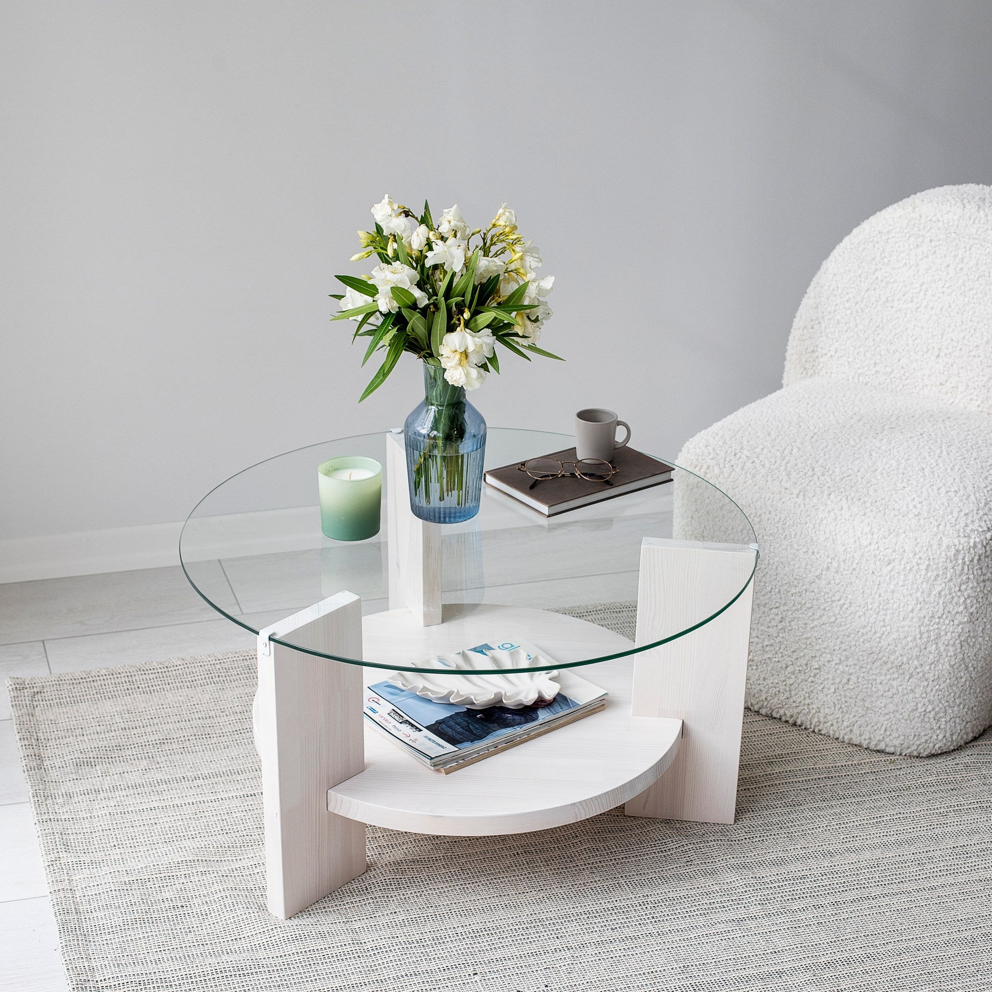 Mesa de Centro Branca Elegante, 75 x 75 x 40 cm | Tampo 100% Vidro Temperado e Estrutura em Madeira de Pinho Maciça | Elegante e Durável para Espaços Modernos