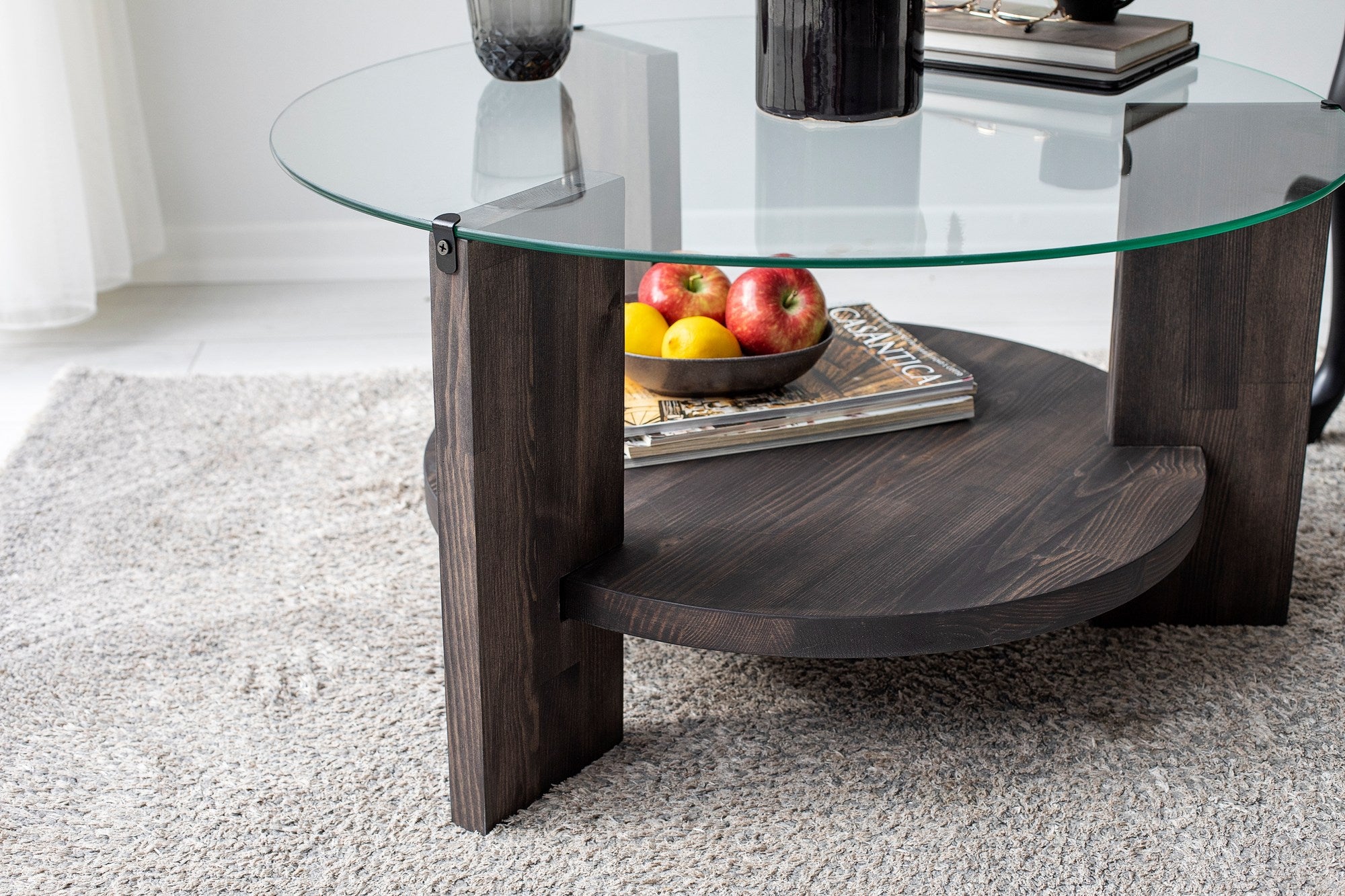 Mesa de Centro Elegante, 75 cm x 75 cm x 40 cm, Antracite | Tampo 100% Vidro Temperado, Estrutura em Madeira de Pinho Maciça | Perfeita para Salas de Estar Modernas